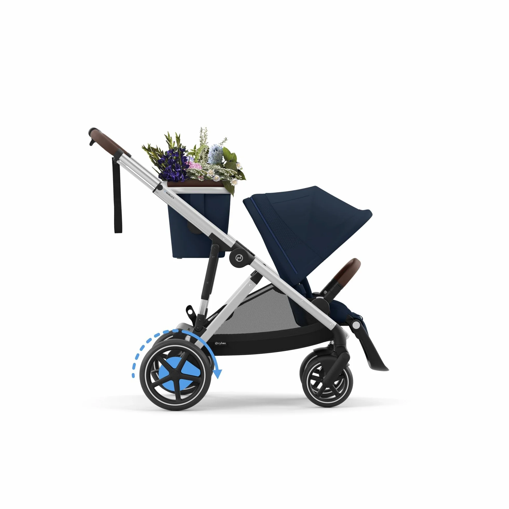 CYBEX Cochecito dorado e-GAZELLE S, máx. 22 kg (modo individual) / 2x 22 kg (modo dúo), sistema todo en 1 con accionamiento eléctrico y 20+ configuraciones, Ocean Blue
