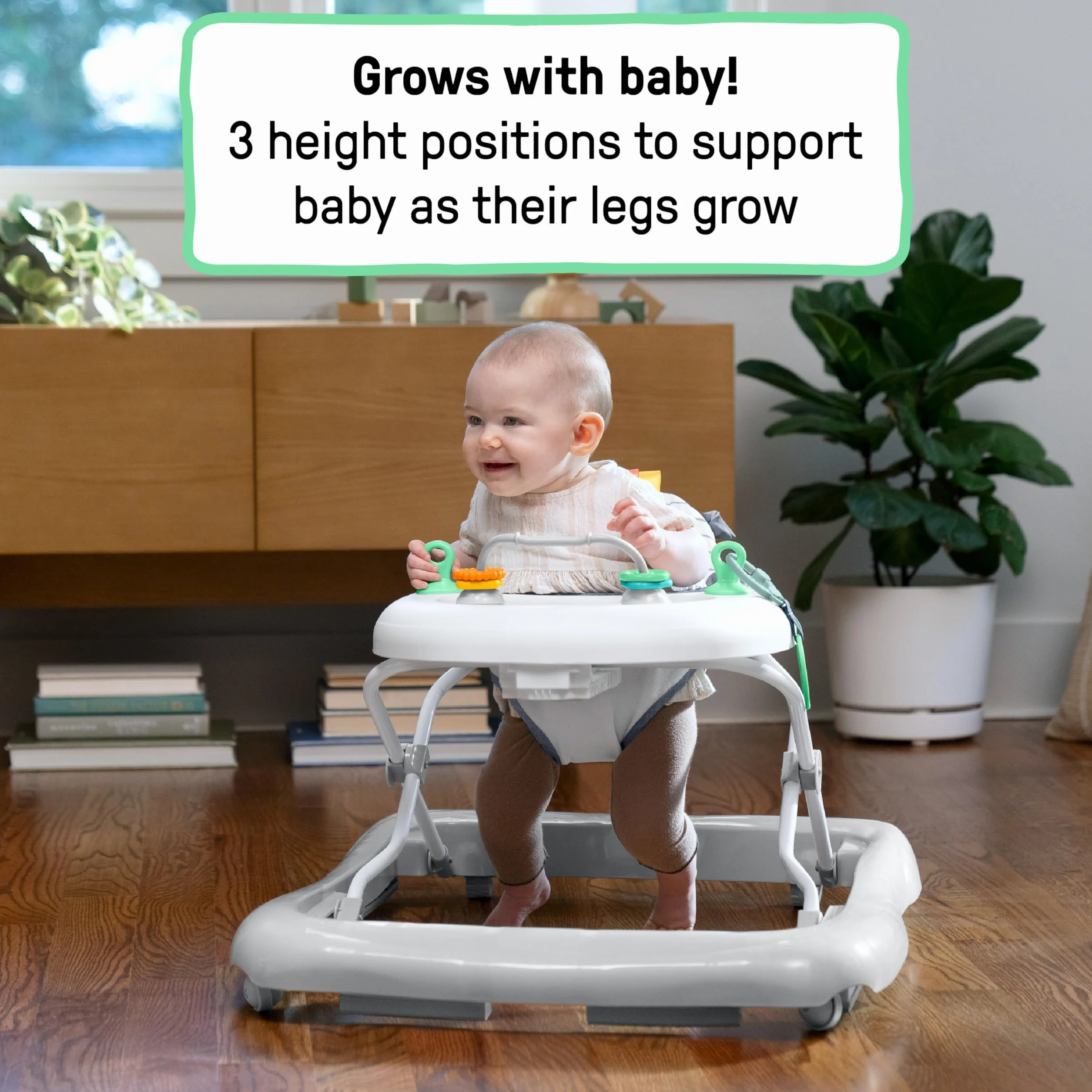 Ingenuity, Andador Interactivo Smooth Strides, Chambray, Promueve el Desarrollo con Barra de Altura Ajustable en 3 Posiciones, Juguetes Incluidos, Diseño Compacto y Seguro, Para Bebés de 6 a 12 Meses