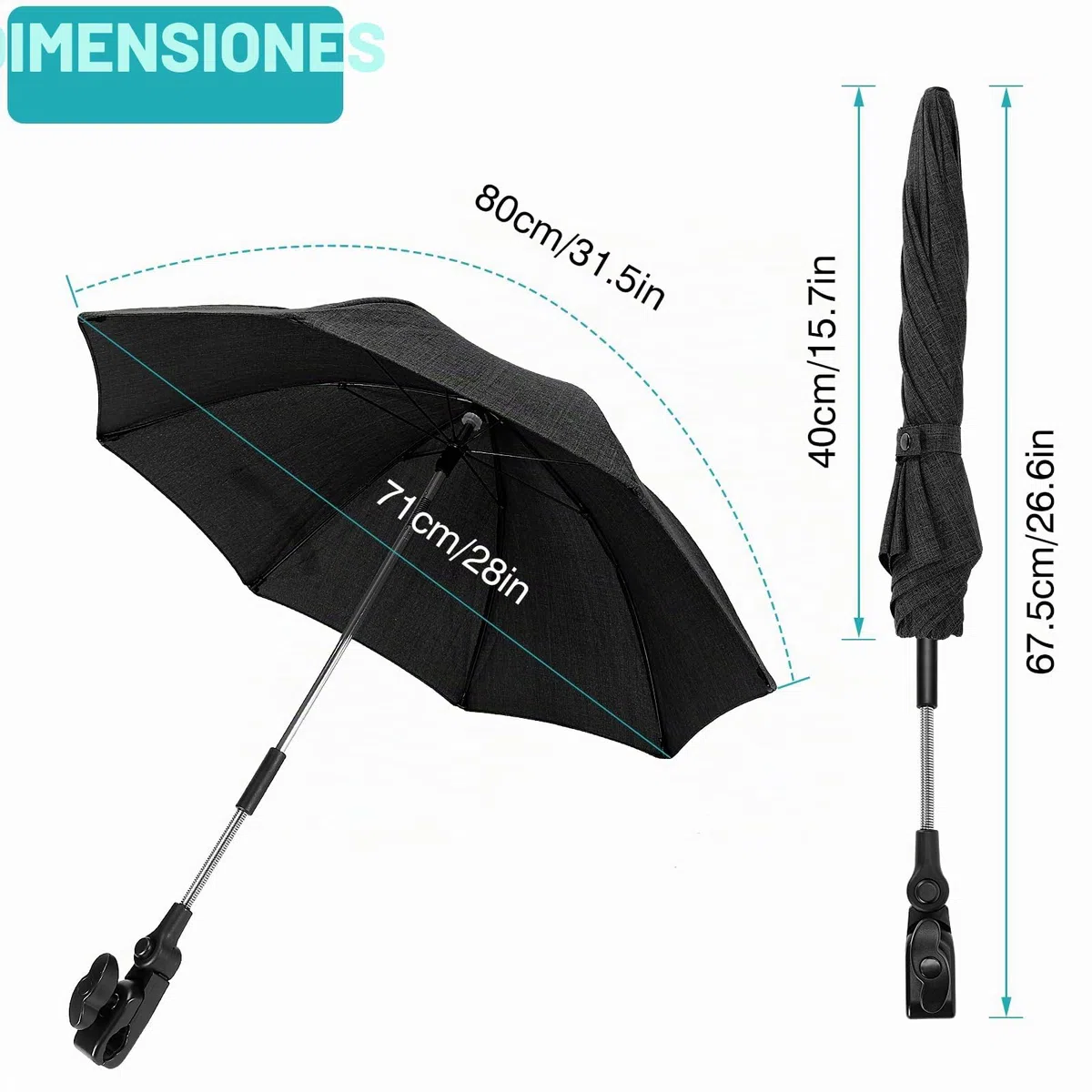 Sombrilla Carro Bebe Universal Anti UV, Diámetro 71 cm, Sombrilla de Cochecito con Abrazadera de Fijación, Parasol de Carro Bebe Protección UV50+, para Cochecito & Silla de Paseo