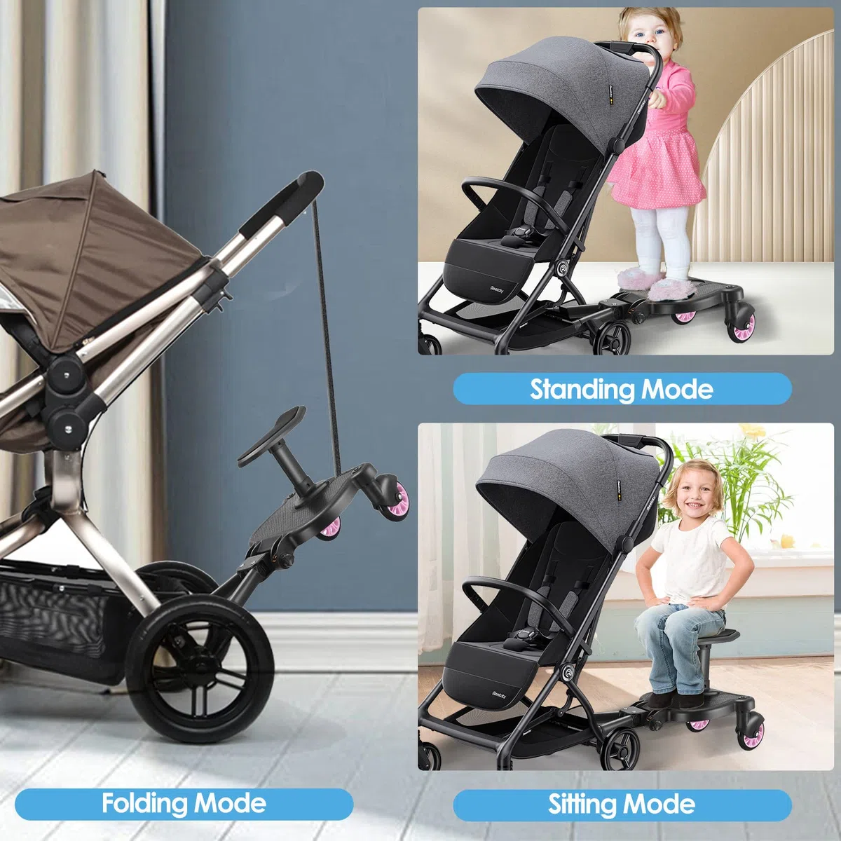 Patin Carro Bebe Universal con Asiento,FNRIDS Buggy Board portátil para niños,con correa de suspensión, Diseño estable de dos ruedas, Accesorio para cochecito para niños de 2 a 6 años (25 kg) (rosa)