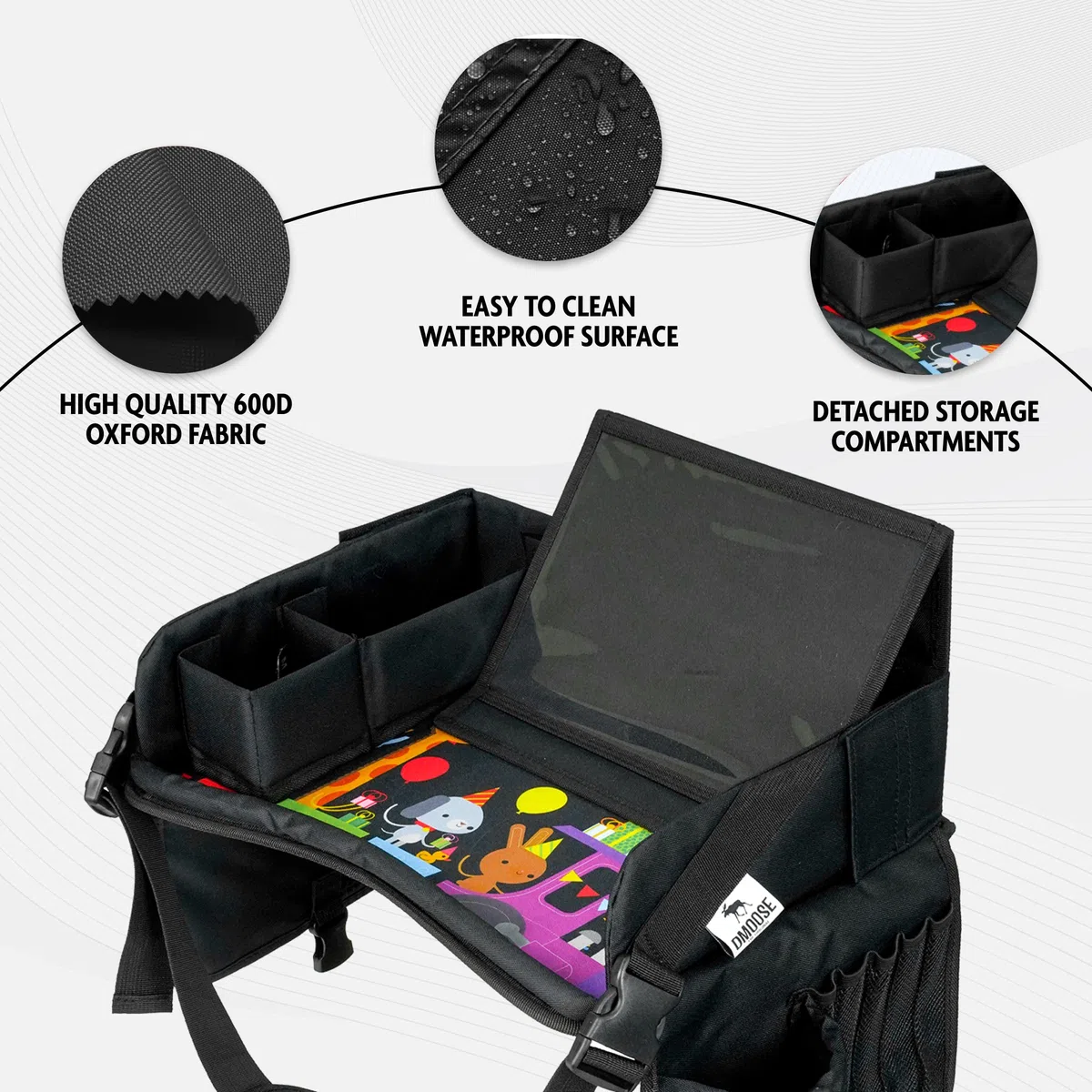DMoose Bandeja de viaje para niños, bandeja de actividades para asientos de automóvil con base acolchada y cómoda, paredes laterales, bolsillos malla para aperitivos, soporte para tableta, cochecito