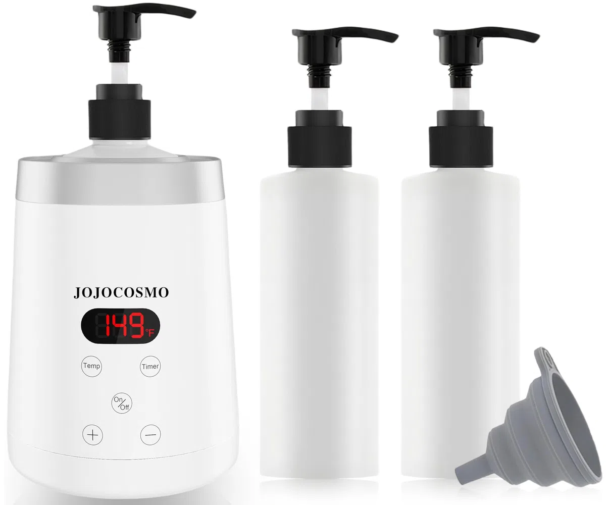 calentador de aceite para masaje, calentador corporal con dos dispensadores de aceite, calentamiento continuo entre 86 y 149°F, calienta el baño para salón, casa, spa, blanco