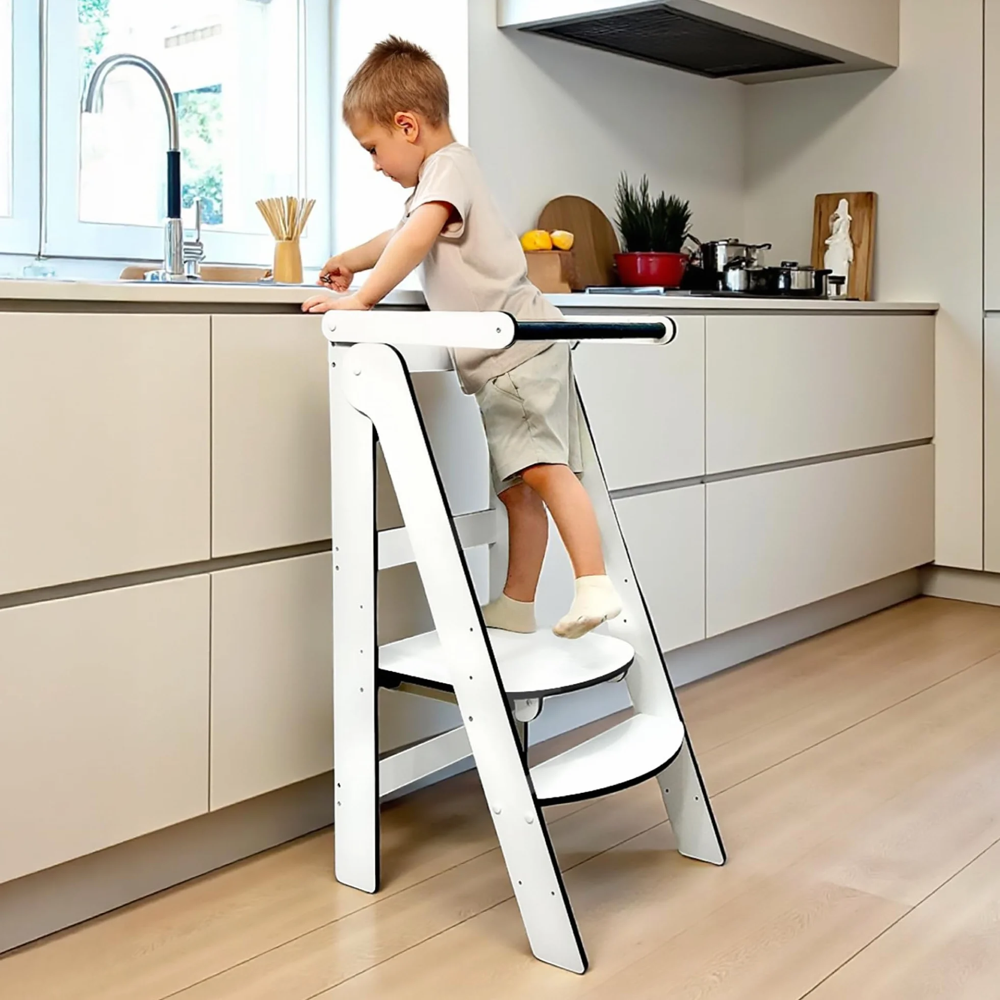 Torre de Aprendizaje Montessori Blanca Compacta, Evolutiva Niños, Escalera 2 Peldaños, Taburete Infantil