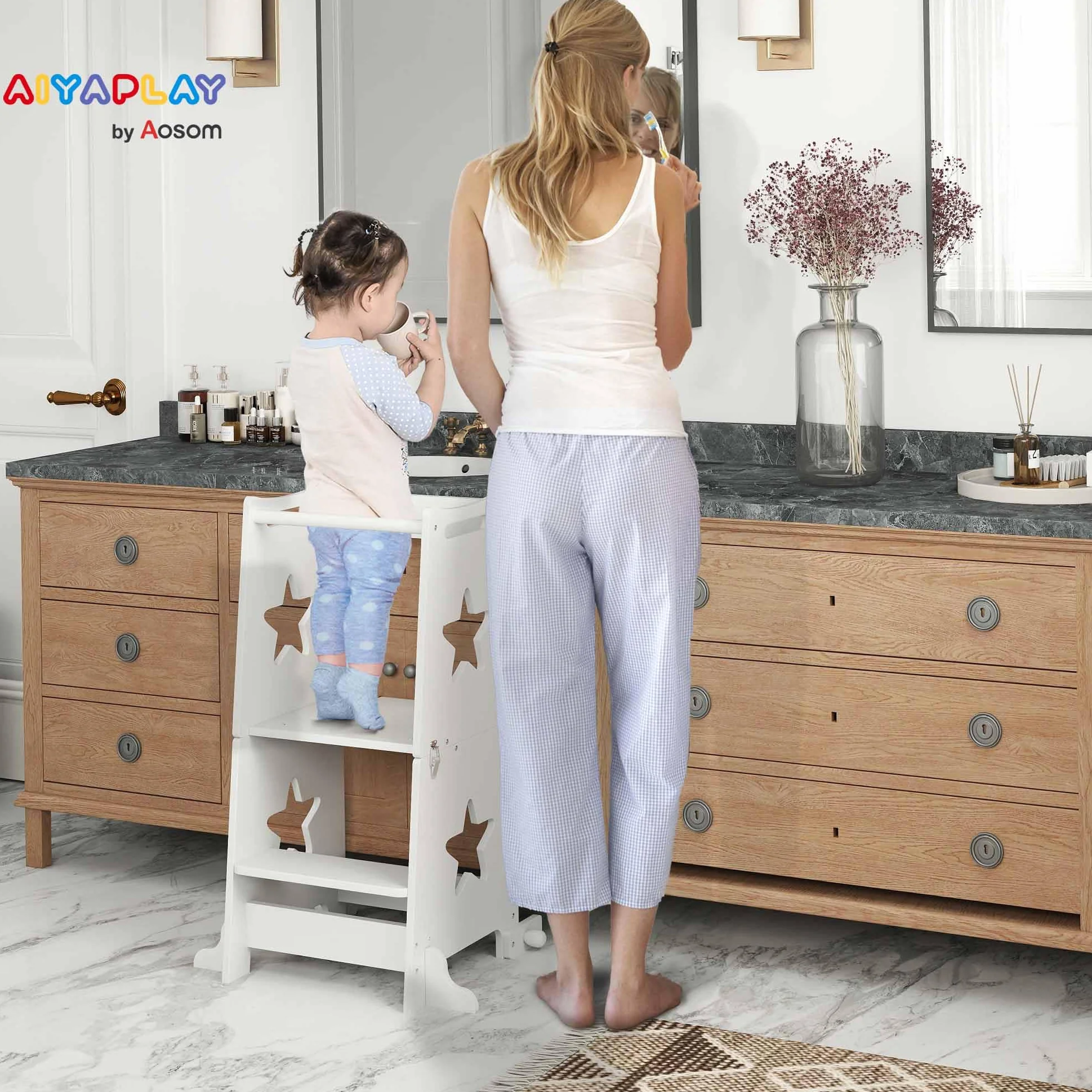 AIYAPLAY Torre de Aprendizaje 2 en 1 Taburete Niños +3 Años Convertible Mesa Silla Barra Seguridad 60x44,5x86 cm Blanco