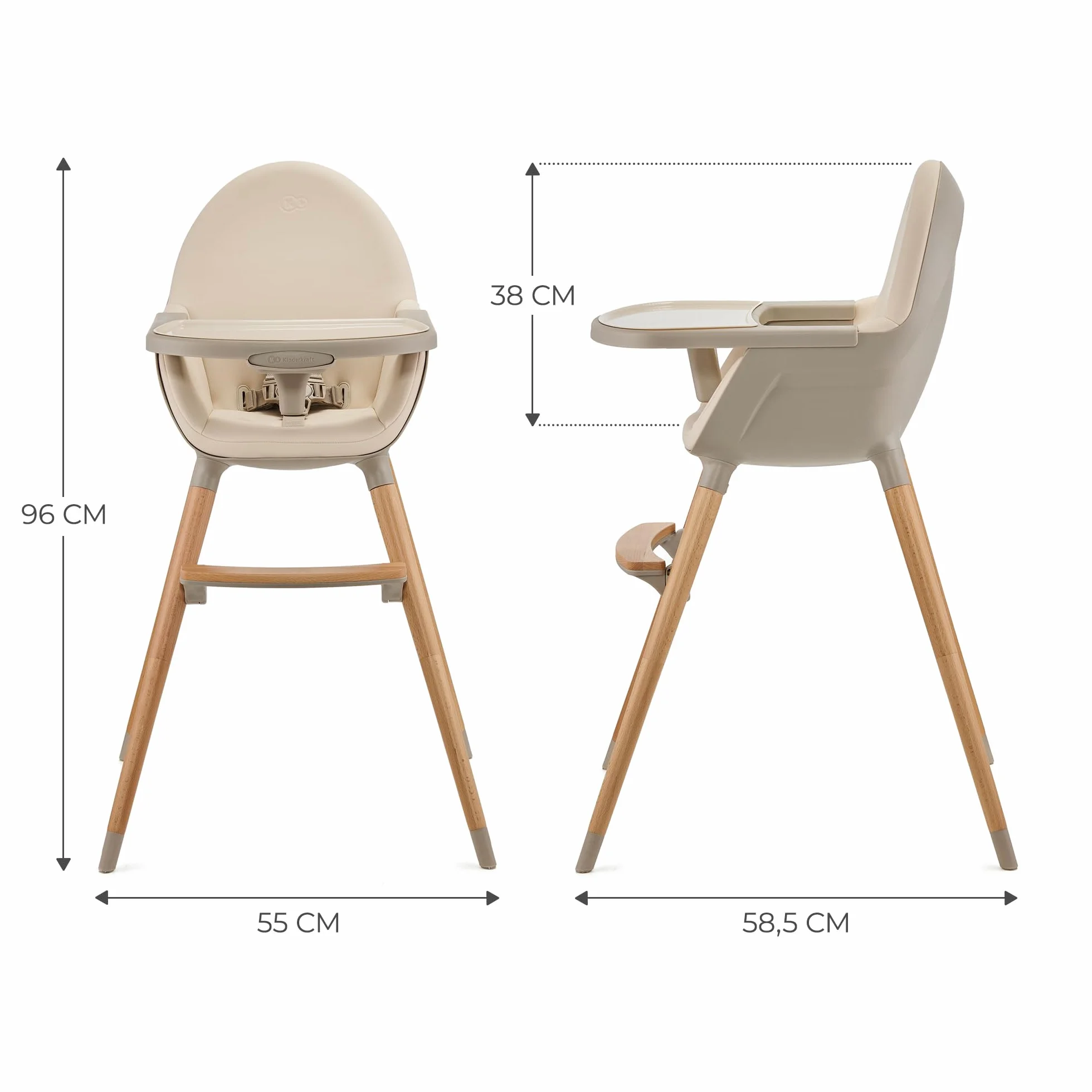 Kinderkraft FINI 2 Trona bebé 2 en 1 Silla Infantil Portátil Patas de Madera Bandeja Ajustable Beige