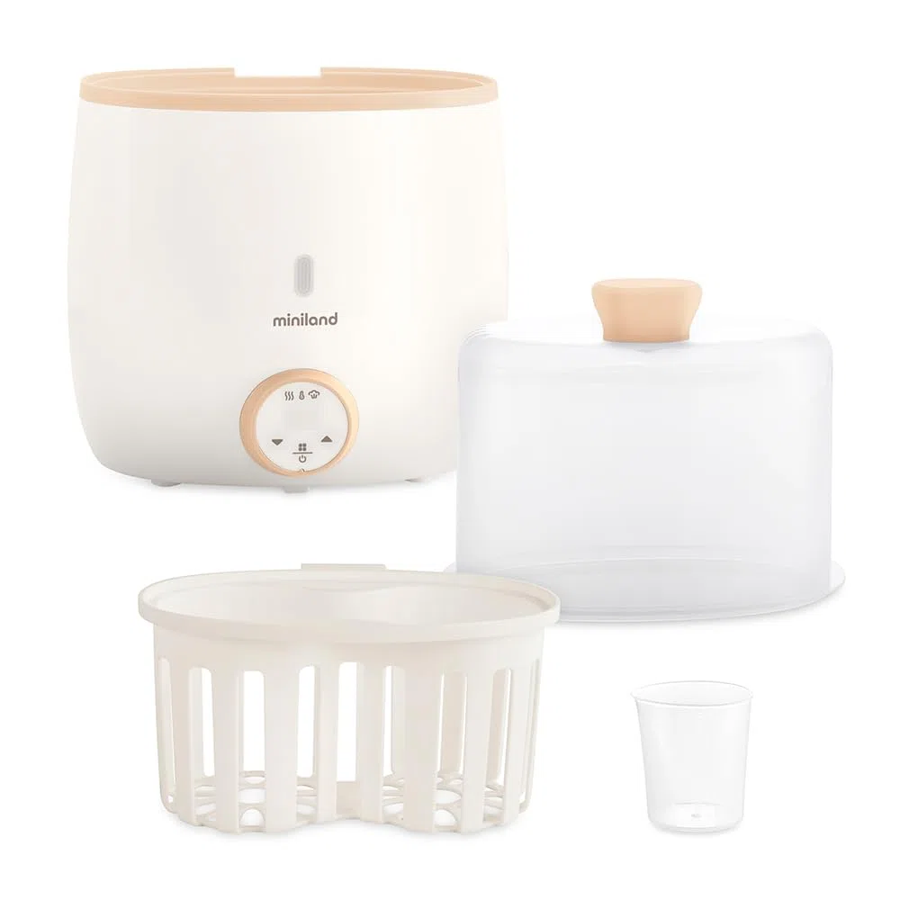 Miniland - Warmy Twin Calienta Biberones y Esterilizador, Calentador Rápido de Alimentos para Bebés 2-en-1, Calentador con Pantalla Digital Control Preciso Temperatura para Leche Materna (Beige)