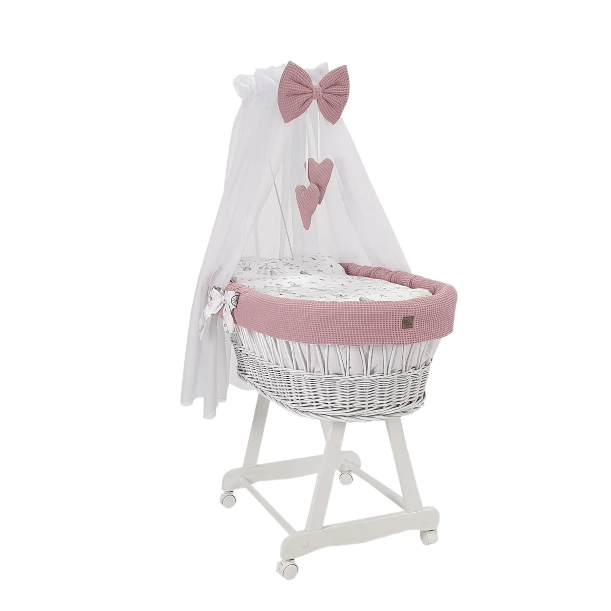 Moisés blanco con estructura, dosel colchón y ropa de cama de tela de gofre, ruedas silenciosas (rosa - conejito)
