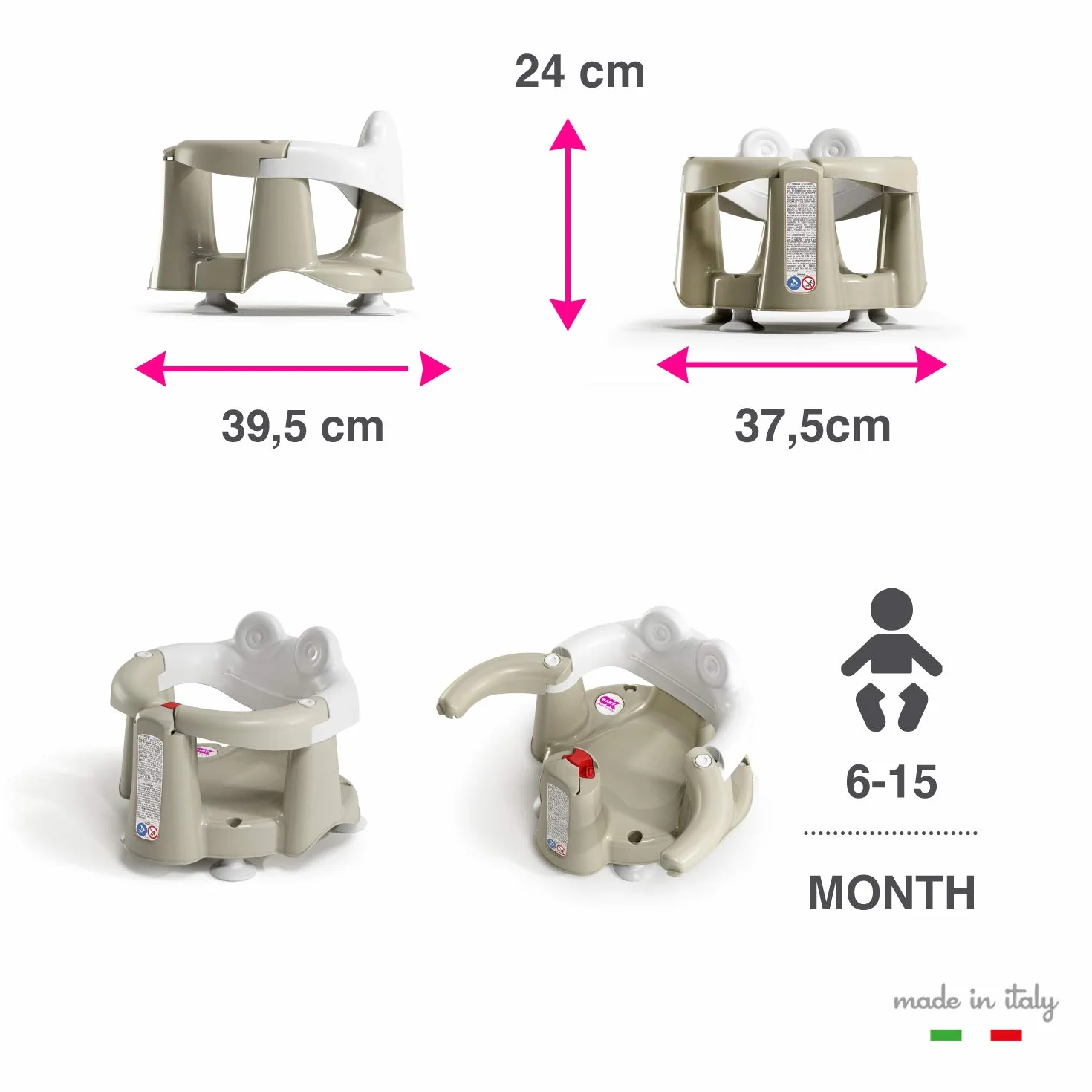 OKBABY Crab - Asiento de baño para el interior de la bañera - para bebés de 6 a 15 meses (13 kg) - Gris