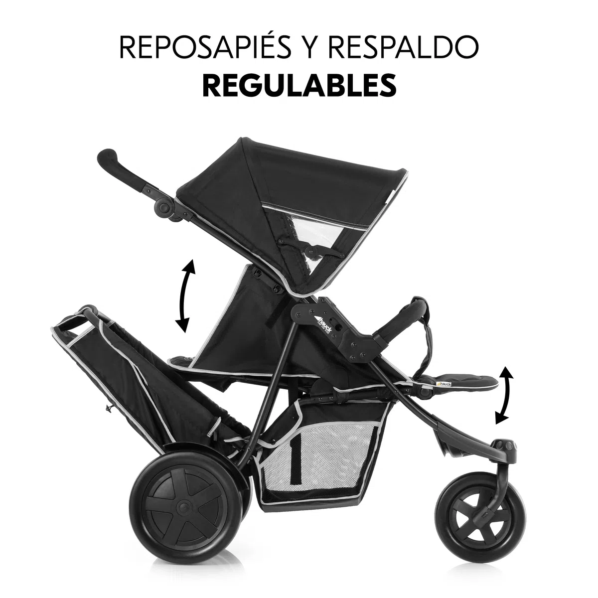 hauck Freerider Carro Gemelar Reclinable, Silla de Paseo Gemelar Plegable, Carrito Gemelos Ligero, Asientos Desmontables, Arnés 5 Puntos, Ruedas Grandes, hasta 30 kg, Negro