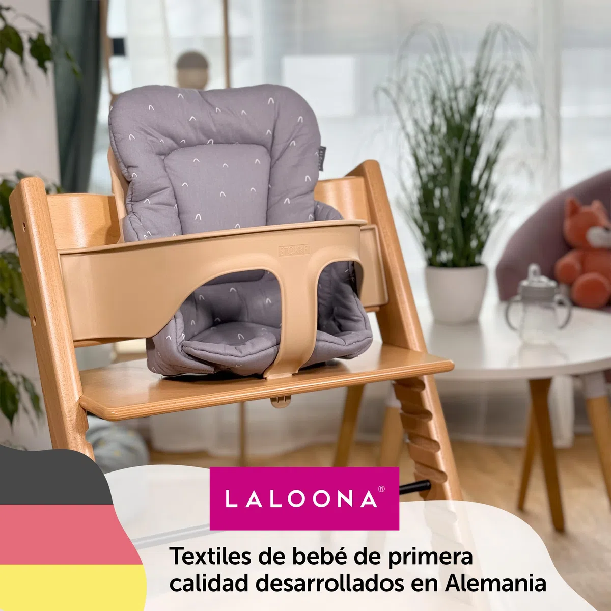 LaLoona Reductor para Trona Bebe Stokke Tripp Trapp, Cojin Trona Madera Algodón, Reductor de Asiento para Trona Evolutiva OEKO-TEX 100, No Irrita la Piel, Lavable - Gris