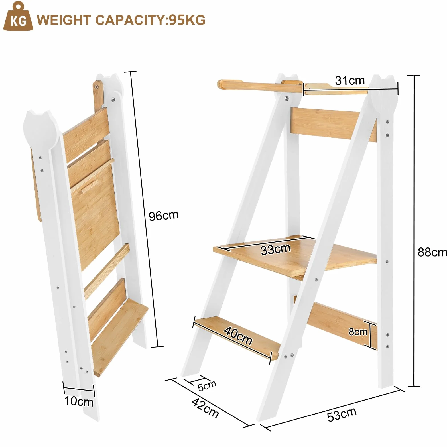 Torre Montessoriana de aprendizaje plegable, multiusos, torre de aprendizaje de madera natural de abedul, torre de observación infantil, plegable, seguridad, 88 x 45 x 45 cm