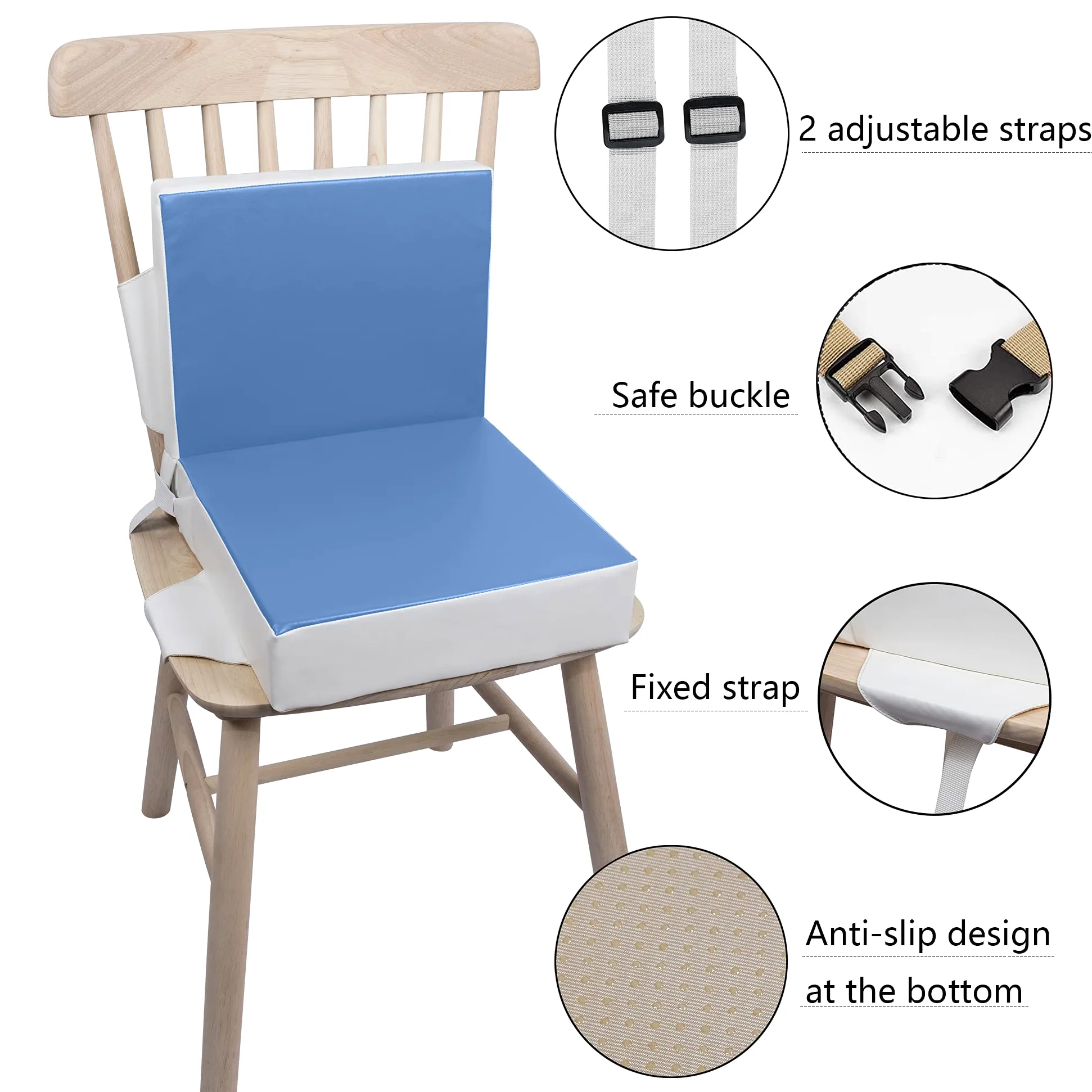 Cojín Elevador para Niños 3PCs Asiento Elevador Infantil Cojines para Tronas para Bebé de Lavable y Ajustable Elevador de Asiento con Correas para Silla de Comedor Azul