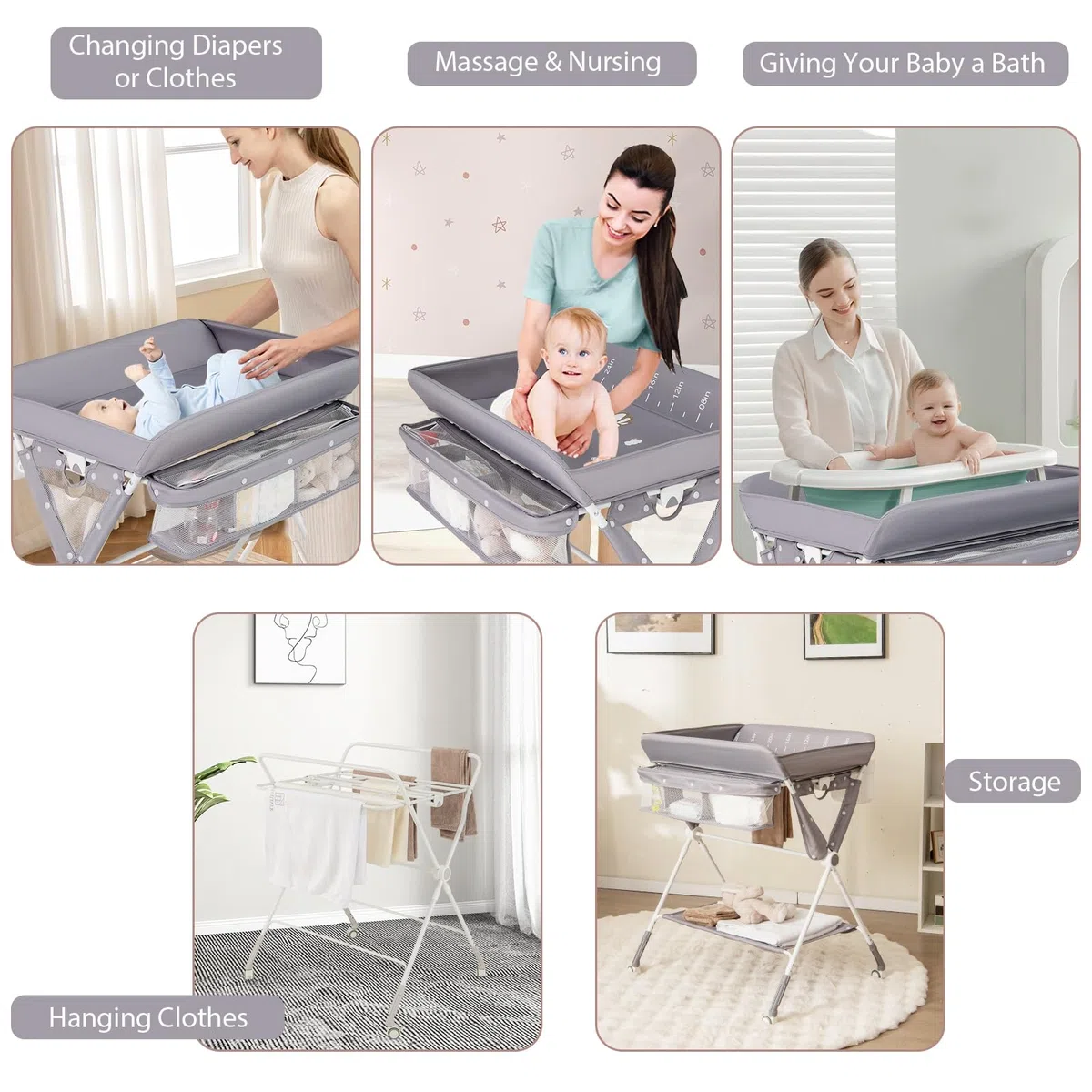 LIFEZEAL Cambiador 3 en 1 para Bebé, Cambiador Plegable con Ruedas, Cambiador de Pañal Ajustable de Tejido Oxford y PP, Capacidad de Carga 15 KG, no incluye bañera (Gris)