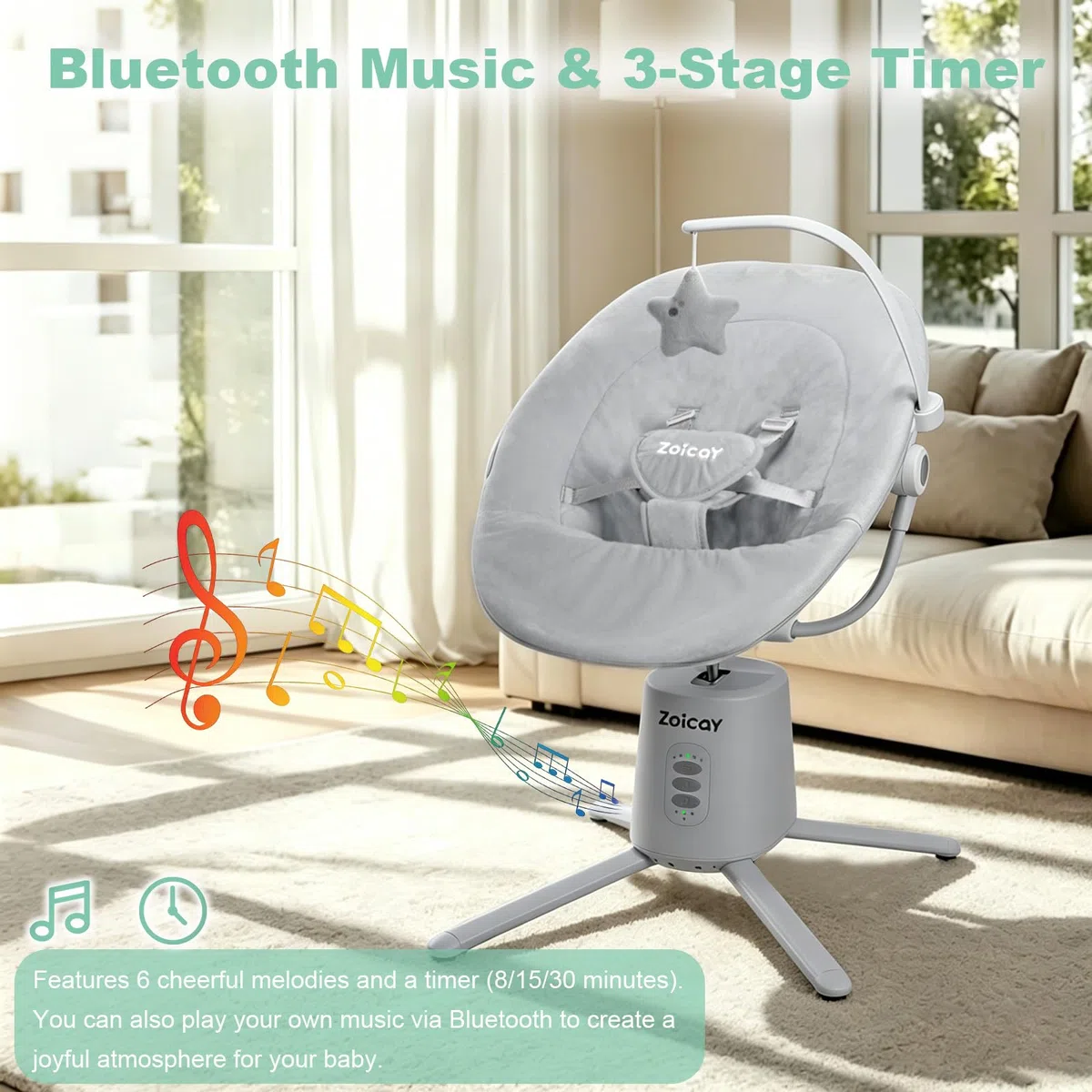 Zoicay Mecedora Bebe Electrica con 3 Modos y 5 Velocidades | Hamaca Bebé Respaldo Ajustable, Función de Temporización y Música Mando a Distancia y Bluetooth para bebe 0-9 Meses (Gris)
