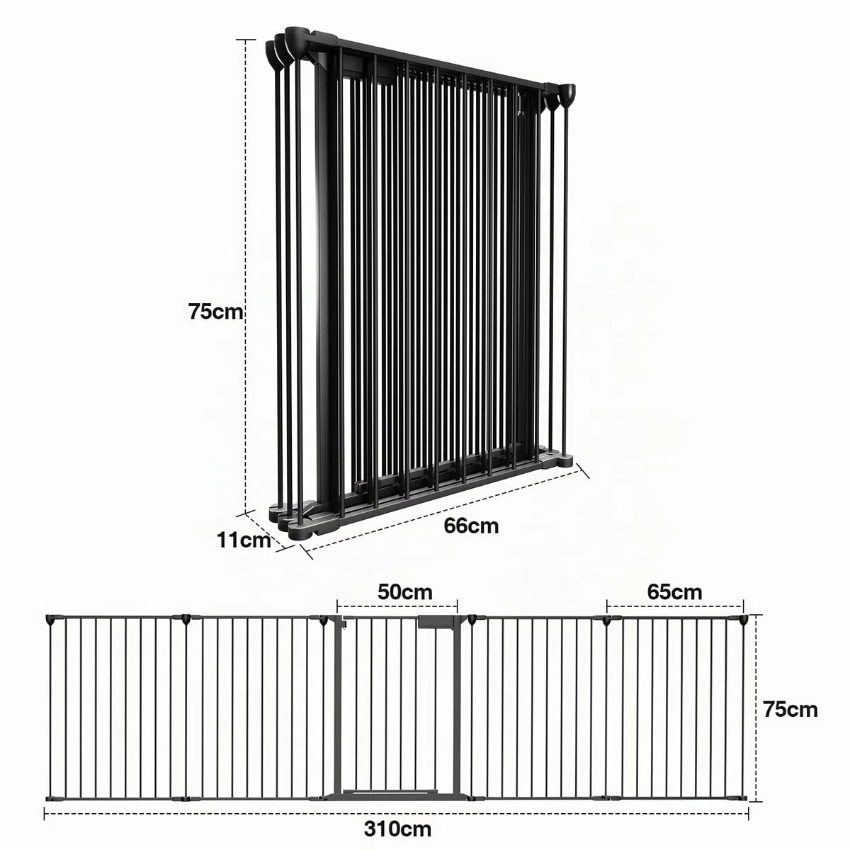 Sonnewelt Barrera Seguridad niños Escalera 310 cm, Valla Seguridad Infantil 5 Piezas, Vallas para Perros, Rejilla de protección para Chimenea, Barrera para niños y Mascotas, Color Negro