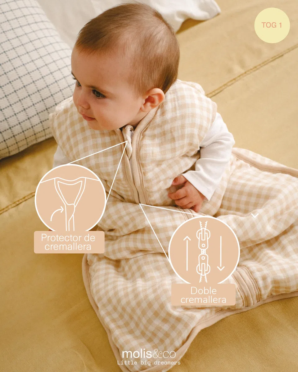 molis&co - Saco Dormir Bebé TOG 1-95 cm (18-36 Meses) - Saco Dormir Bebe Primavera y Otoño sin Mangas - Saco de Dormir Bebe para Niños Niñas (Unisex) - Muselina de Bambú Premium - Vichy Sand