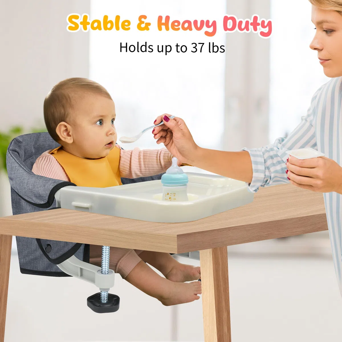 Toogel Silla de Mesa para Bebé con Bandeja Extraíble, Trona Portátil con Correas de Seguridad, Asiento de Mesa Infantil con Bolsa de Transporte para Casa y de Viaje (Gris)