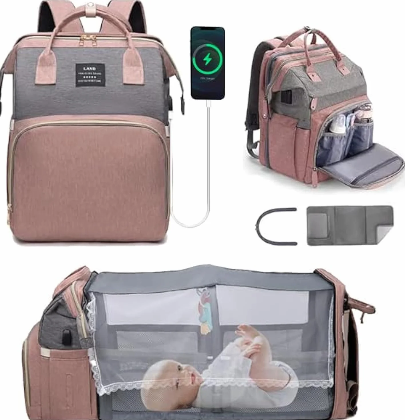 Mochilas de Pañales para Bebé,cuna portátil para bebés y niños,plegable,organizador de mochila para pañales de cuna multifuncional con cambiador de pañales