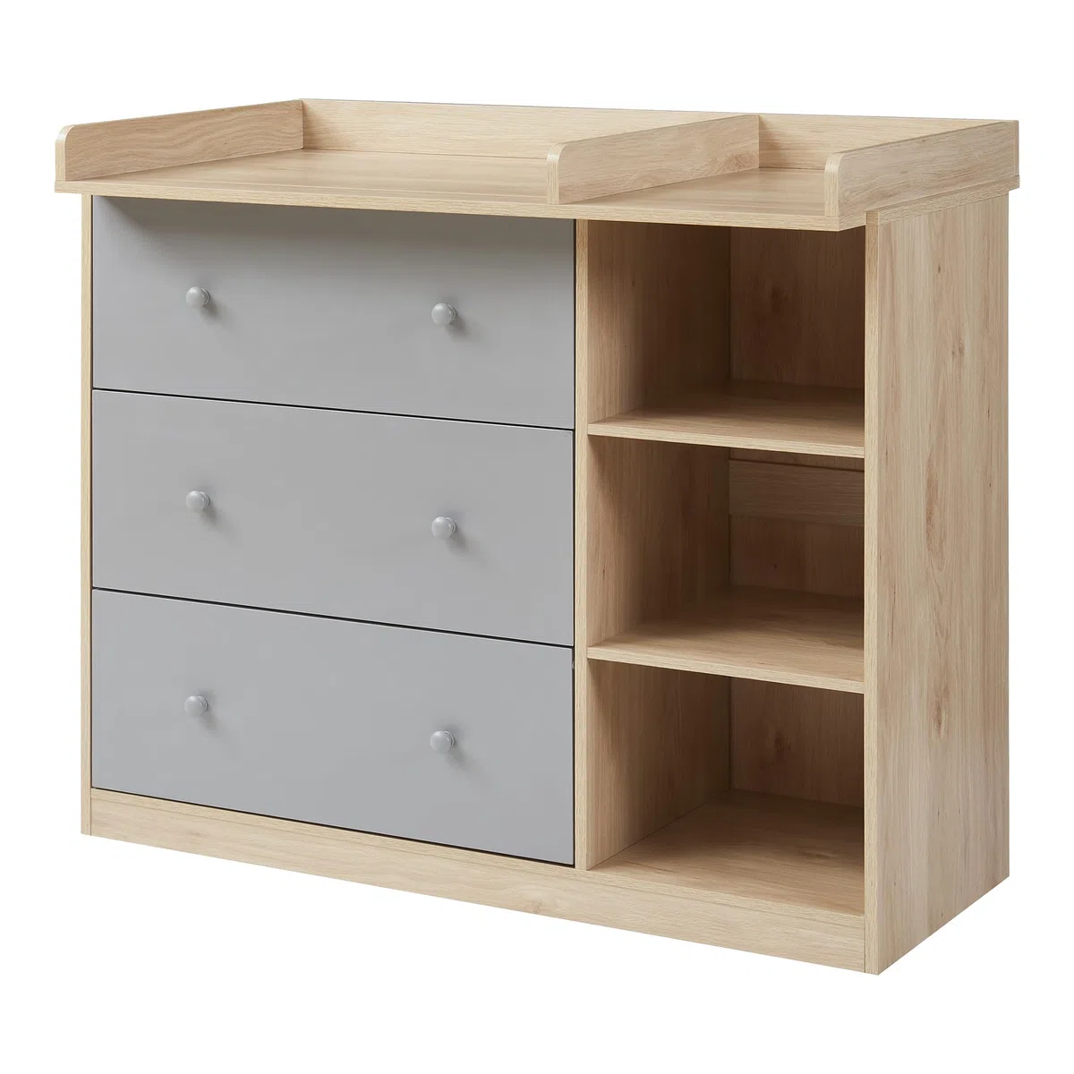 [en.casa] Mueble Cambiador Bebé Beldinupp 2 en 1 Cómoda con Cambiador Bebé con 3 Cajones y 3 Compartimentos Abiertos Moderno 93 x 110 x 55 cm - Efecto roble/Gris