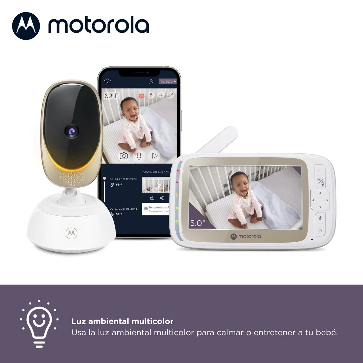 Motorola Nursery VM85 Connect Vigilabebés con Cámara – WiFi y App Móvil, Pantalla 5”, Visión Nocturna, Giro/Inclinación, Comunicación Bidireccional, Canciones de Cuna