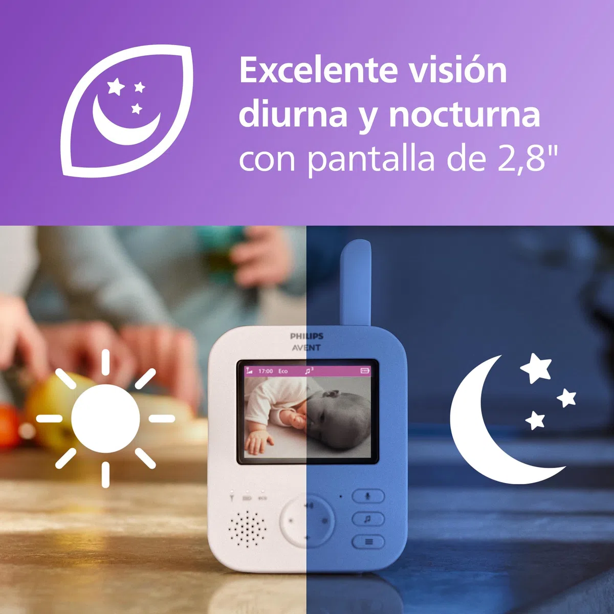 Philips Avent Vigilabebés con Vídeo: Certificado DEKRA, Privado y Seguro con Cámara y Audio, con Pantalla de 2,8", Zoom 2X, Visión Nocturna, Audio Bidireccional y Nanas, SCD881/26
