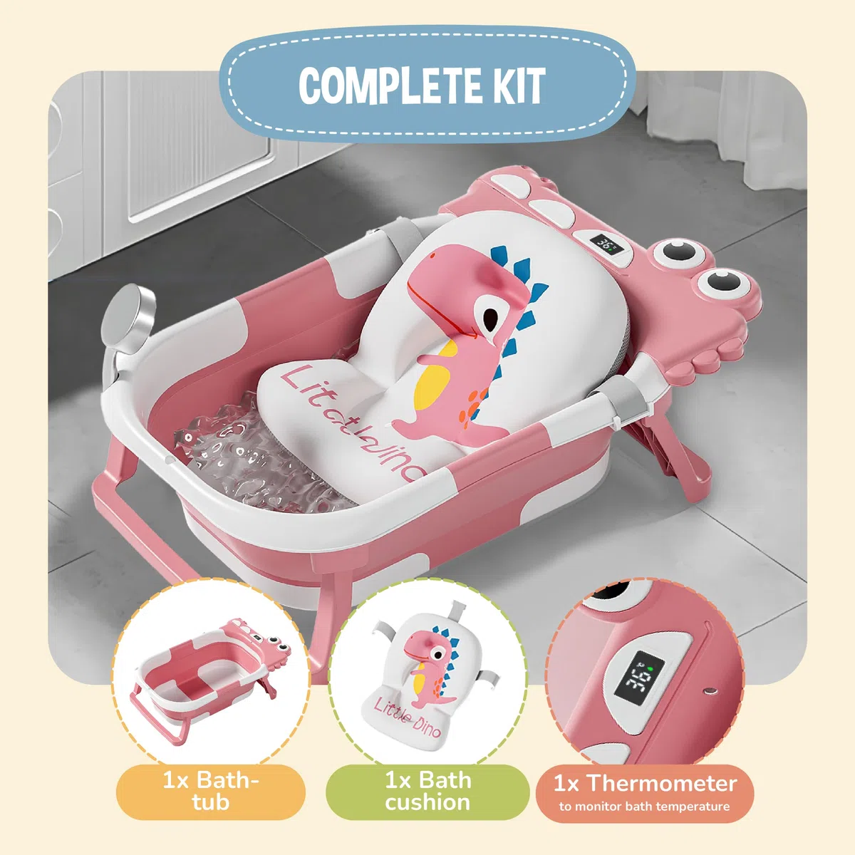 Bañera Plegable Bebé Con Cojín De Baño Antideslizante - Bañera Bebe Plegable Con Termómetro - Asiento bañera Bebe - Desde El Nacimiento Hasta Los 3 Años - Regalos De Nacimiento (ROSA, DINO)