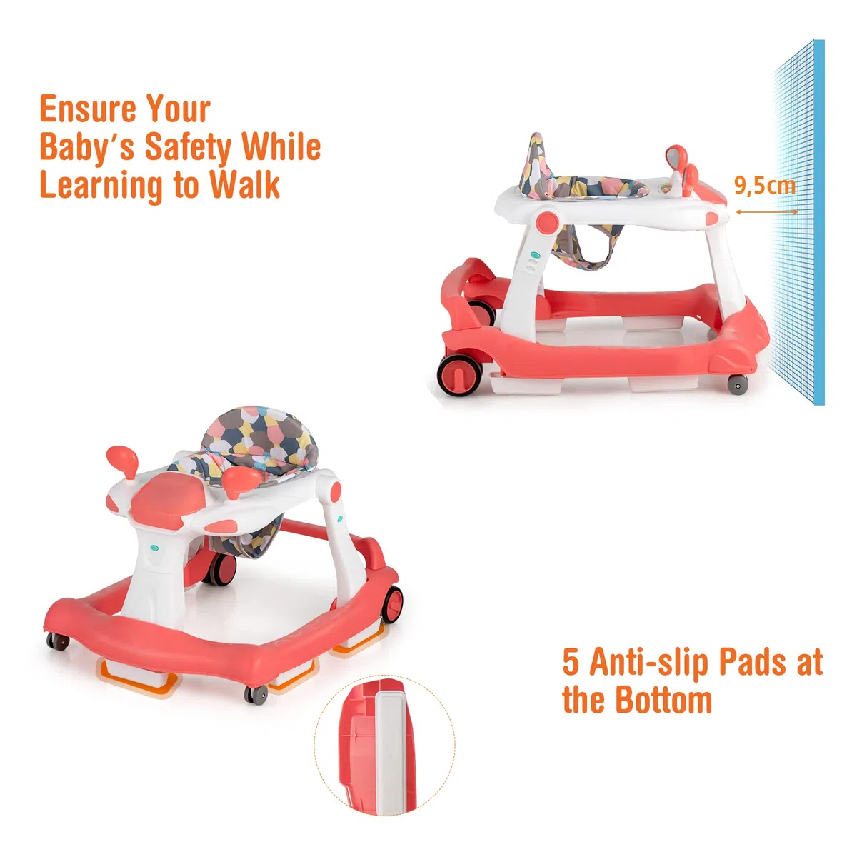 LIFEZEAL Andador 2 en 1, Caminador Plegable con Altura Ajustable 50,5-54,5cm, Andador con Música y Luz para Bebés de 6-18 meses, Desmontaje con un solo toque (Naranja)