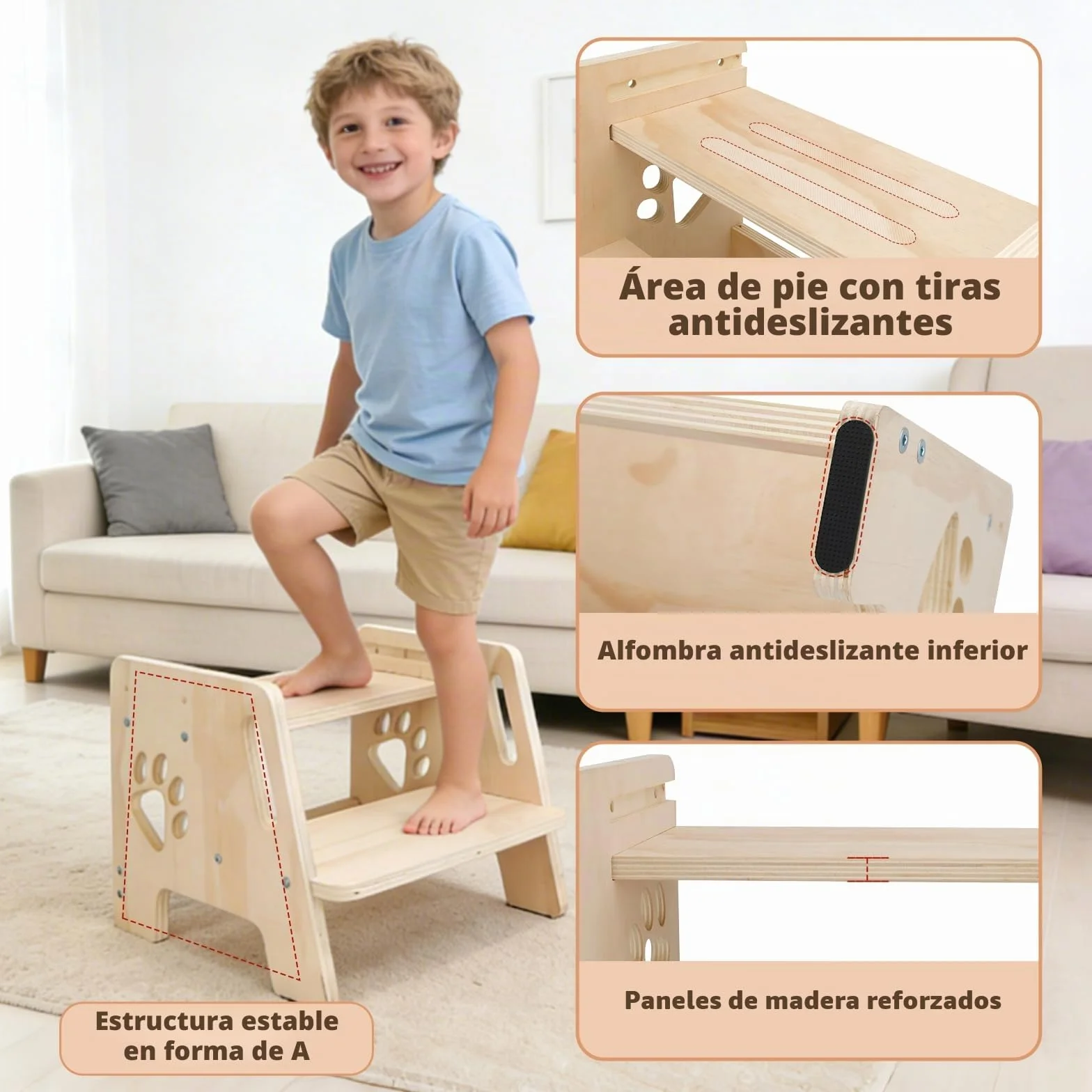 Escalón Infantil Taburete de Madera 2 Peldaños Altura Regulable con Asas Antideslizante