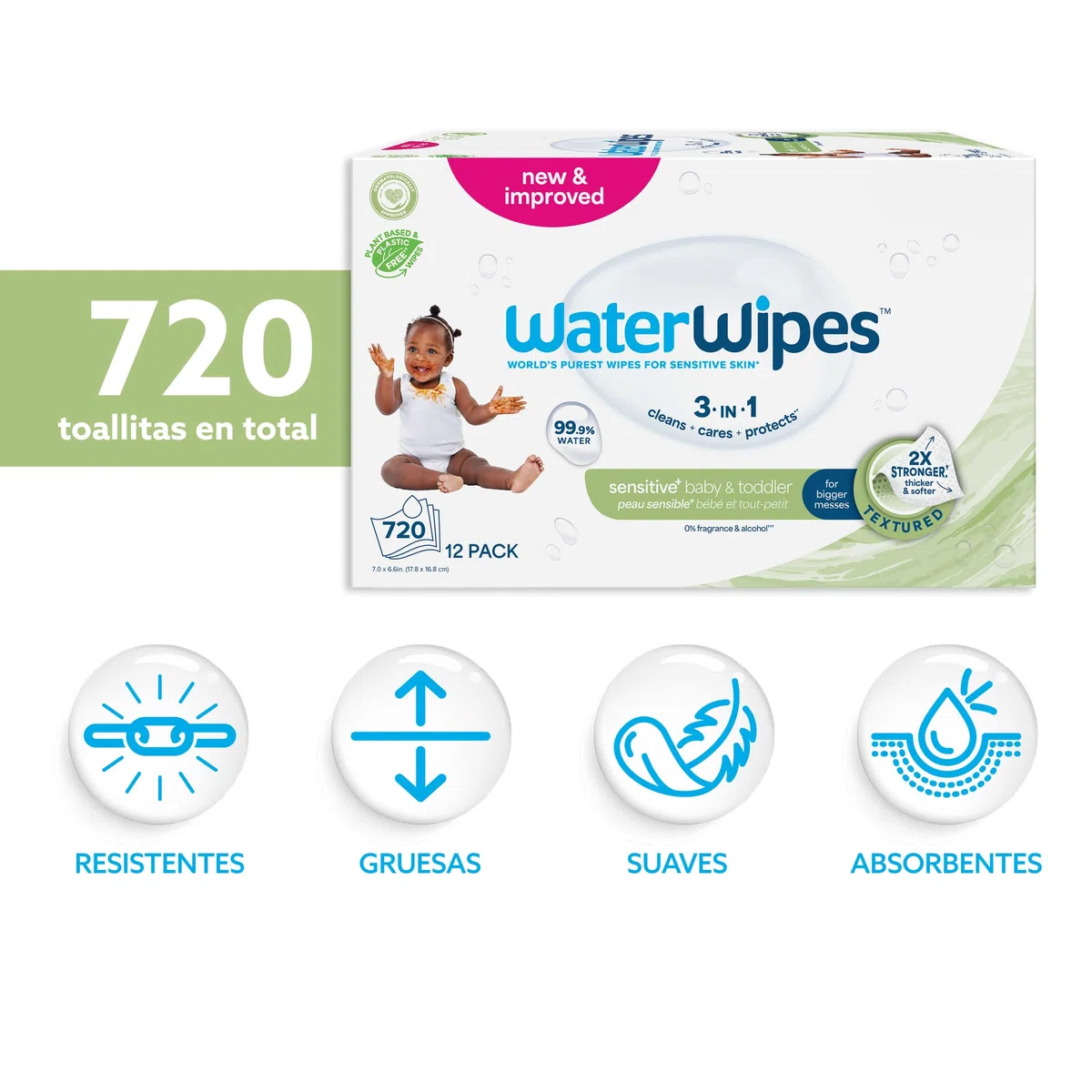 WaterWipes Sensitive+ Baby & Toddler Wipes, Toallitas Para Bebés y Niños Pequeños, 720 unidades (paquete de 12), 3 en 1 Limpia, Cuida, Protege, 99,9% Agua, Textura Limpia, Sin perfume