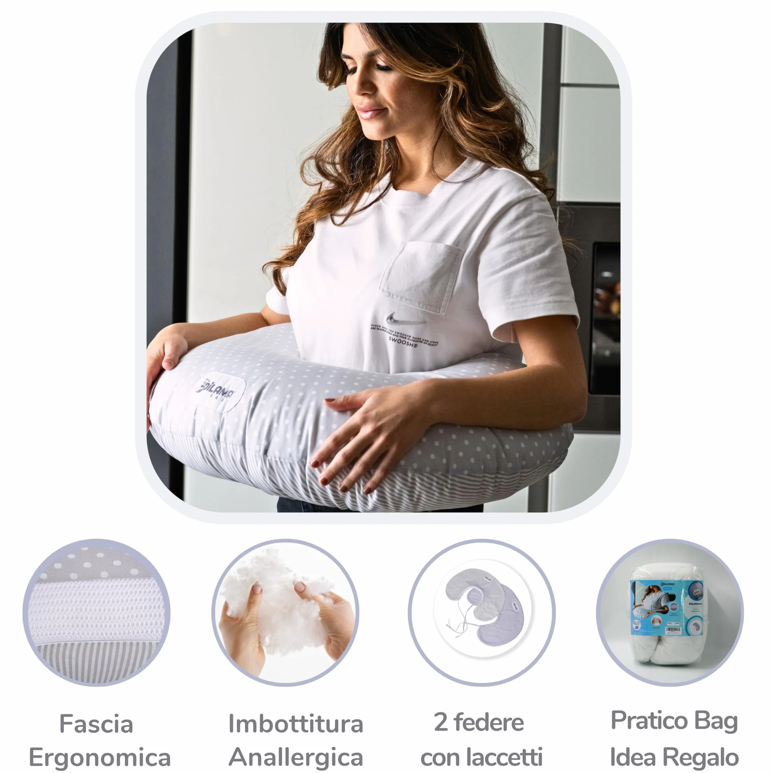 Dilamababy - Cojin Lactancia con 2 Fundas de Algodón 100%, Relleno Bolas de Fibra Ajustable - Cojin de Lactancia con Banda Ergonómica y Cordones para Amamantar con Seguridad