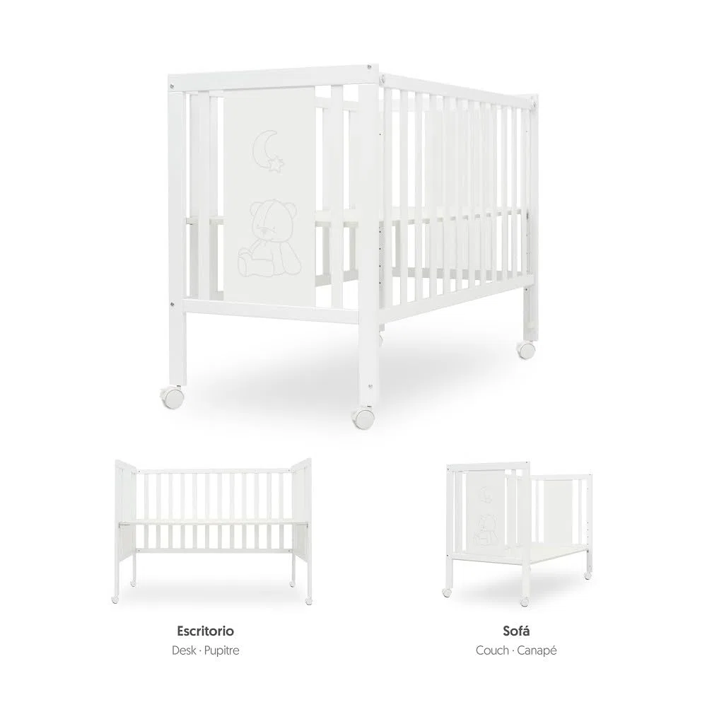 Interbaby Cuna Bebé Colecho Convertible 124x63 cm | Cuna Evolutiva de Madera con Lateral Abatible, Altura Regulable y Ruedas con Freno | Cuna Convertible en Escritorio y Sofá | Blanca Bear Basic