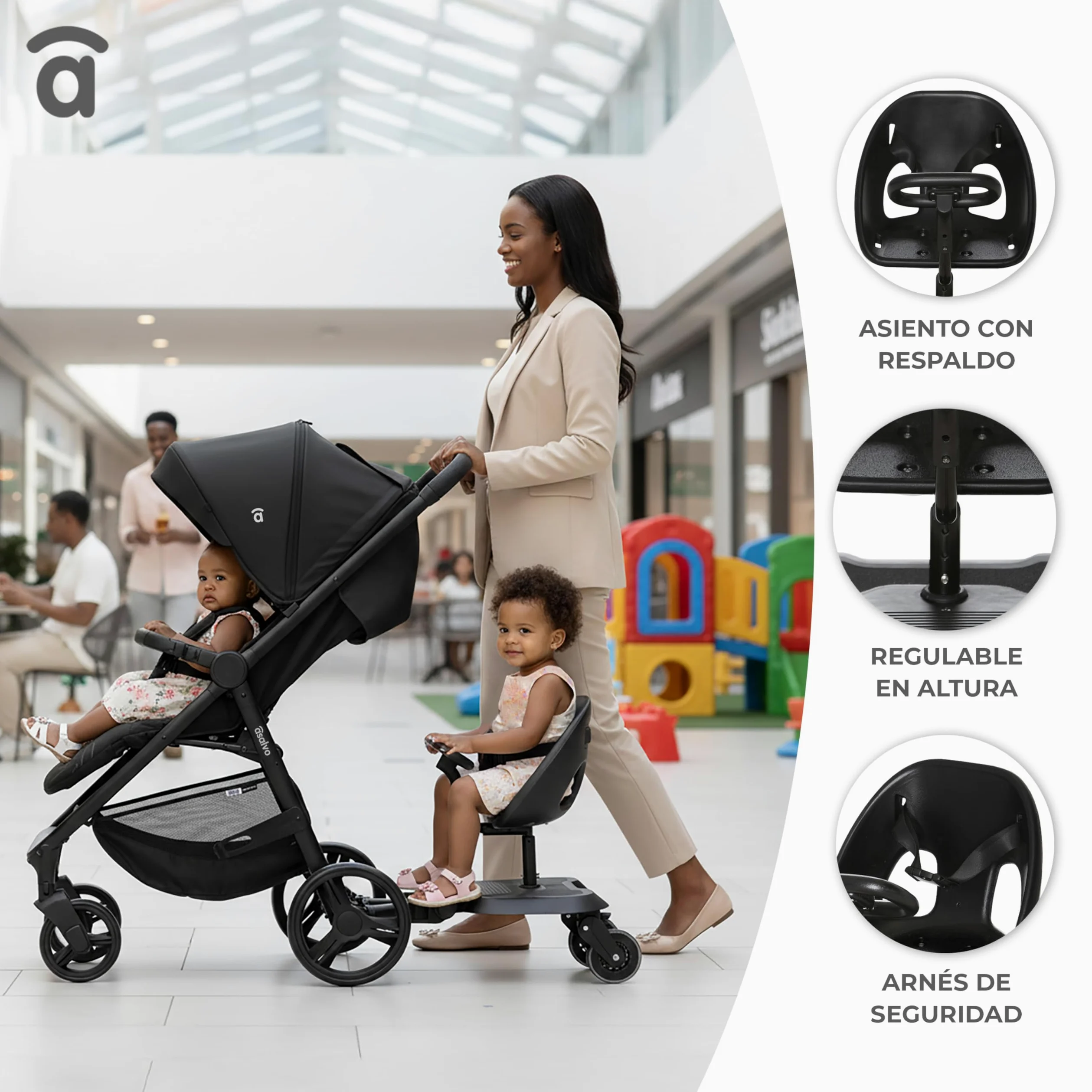 Asalvo GO SEAT 2 IN 1 Patinete 2 en 1 para silla de paseo Go Seat, Universal, Patin Carro Para Bebe Apto para el 99% de todos los cochecitos, Tabla para Cochecito, Niños de 2 a 5 Años 20 kg, Negro