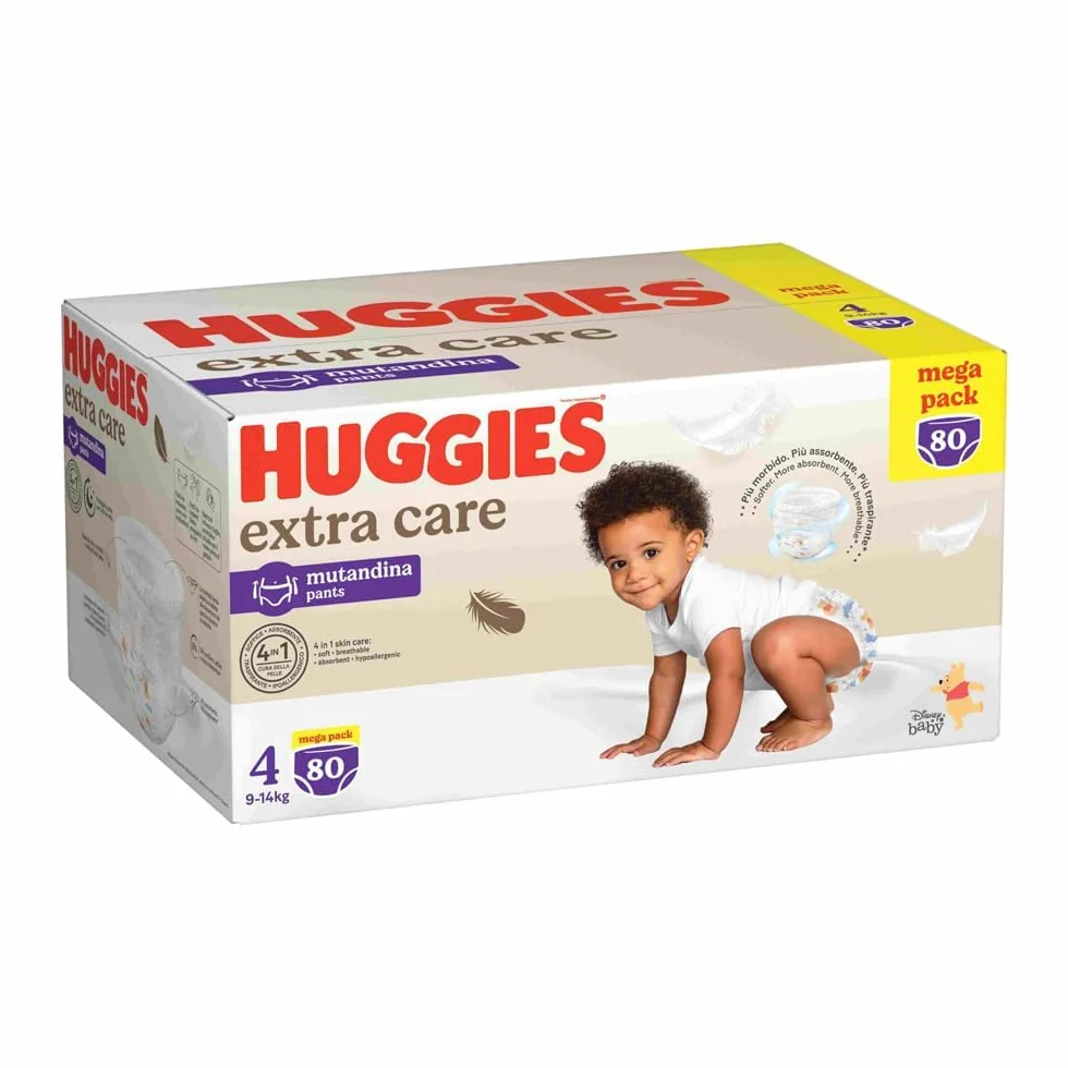 Huggies Extra Care - Pañales talla 4 (9-14 kg), braguitas transpirables, paquete Mega, 80 unidades
