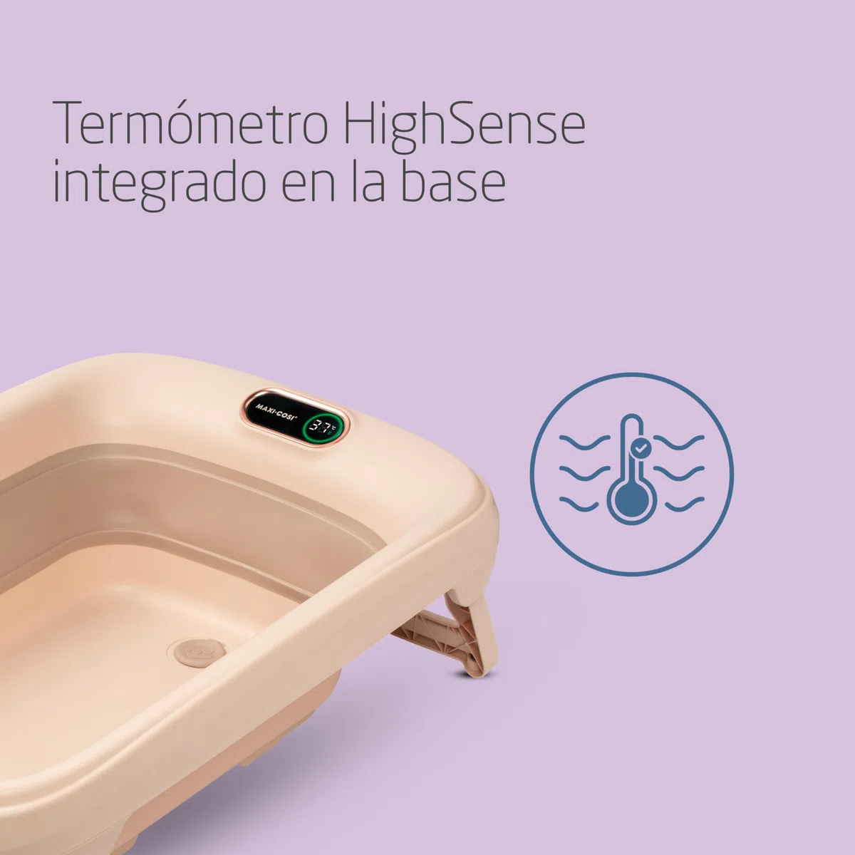 Maxi-Cosi Indigo Bañera Bebé Plegable, 0-4 Años, Bañera Niño Pequeño Espaciosa, Termómetro HighSense Integrado, Antideslizante, Gancho para Colgar Retráctil, Plegado Plano, Muted Terra