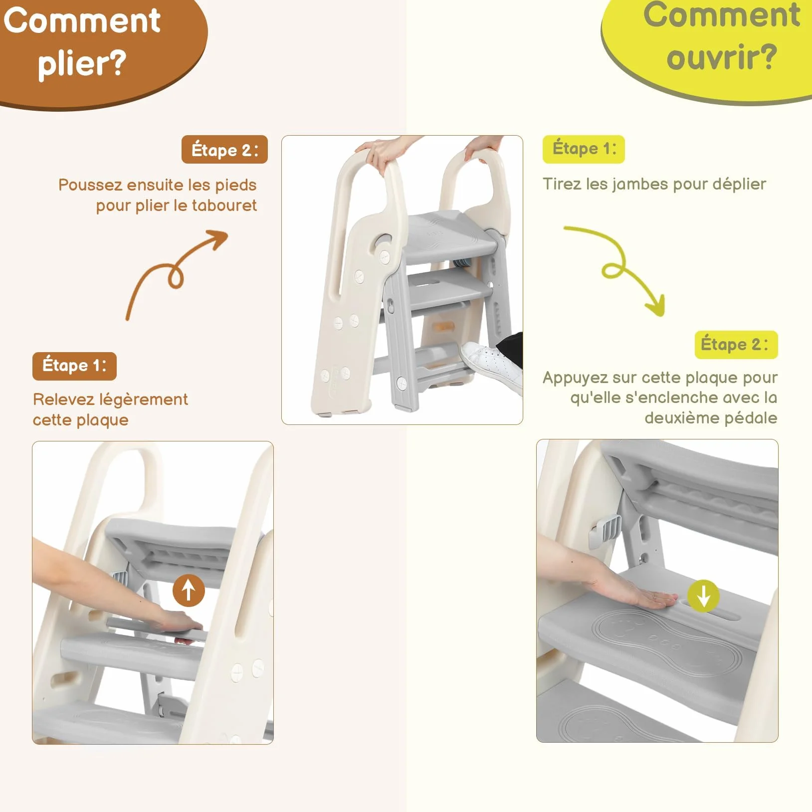Onasti Taburete Plegable Infantil 3 Peldaños, Asiento Entrenamiento Inodoro Ajustable Antideslizante Gris