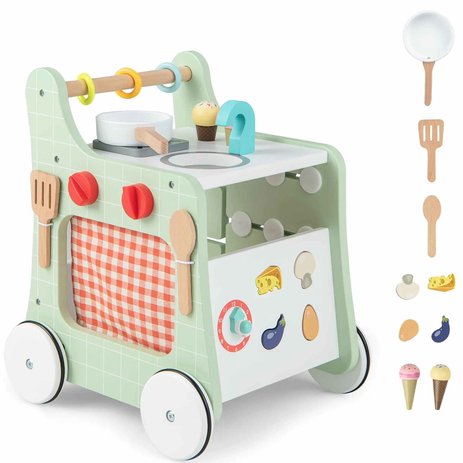 COSTWAY Andador Bebes de Madera 6 en 1, Carrito de Madera para Bebés, Centro de Actividades de Aprendizaje para Empujar y Jalar para Bebés con Cocina, Reloj, para Bebés de 12+ Meses (Verde)