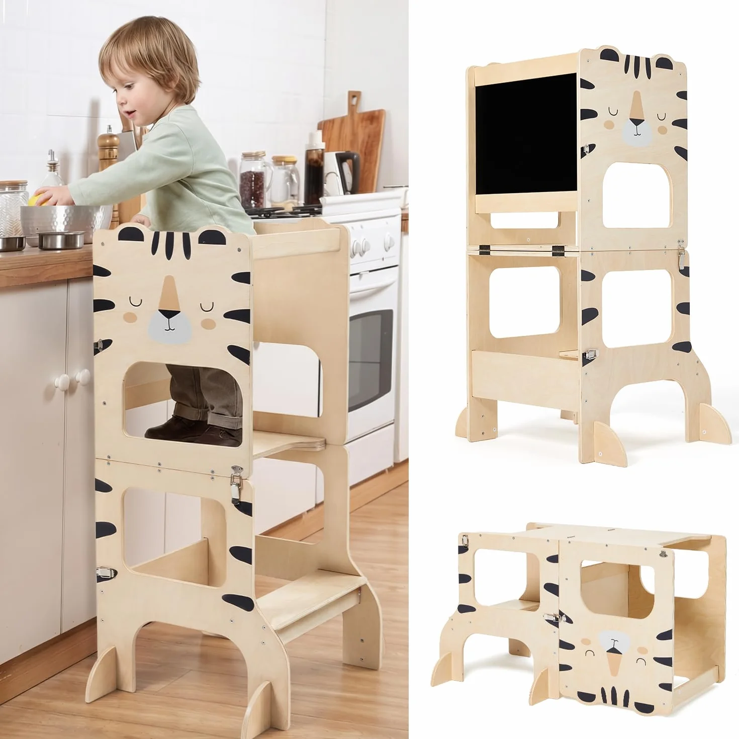 Labebe Torre de Aprendizaje Plegable 2 en 1 para niños con Tablas de Mensajes a Partir de 1 año Tigre