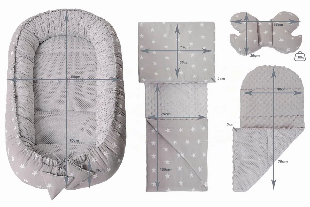 Medi Partners Juego de Cuna de 5 Piezas Incluye Nido para bebé de 100x60x15cm 100% algodón cojín Plano Manta para Gatear cojín de Mariposa (Estrellas con Gris)