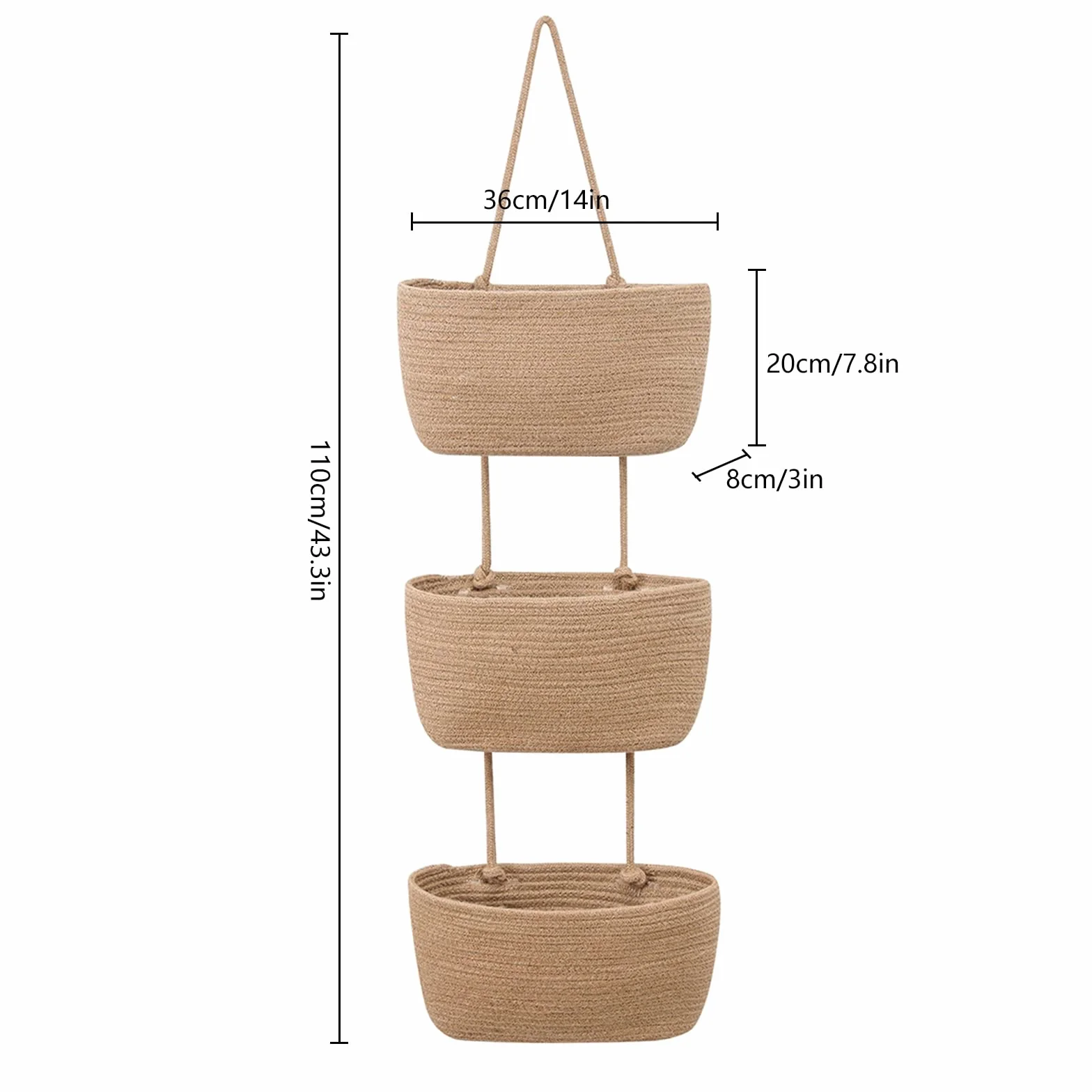 Organizador colgante, cesta colgante de pared de 3 niveles, cesta colgante de pared, cestas de almacenamiento de cuerda de algodón, cesta colgante para salón, dormitorio, baño, habitación infantil (B)