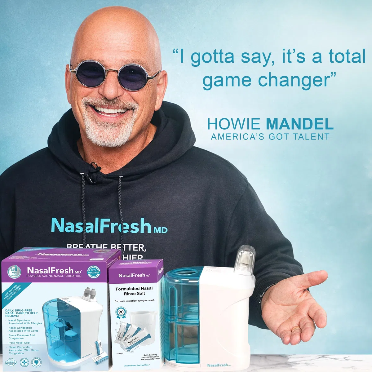 NASALFRESH MD Paquete Premium – Sistema de irrigación nasal con doble alimentación – Sistema de alivio descongestionante sinusal – 60 sobres de solución salina, estuche, 2 juegos de almohadillas