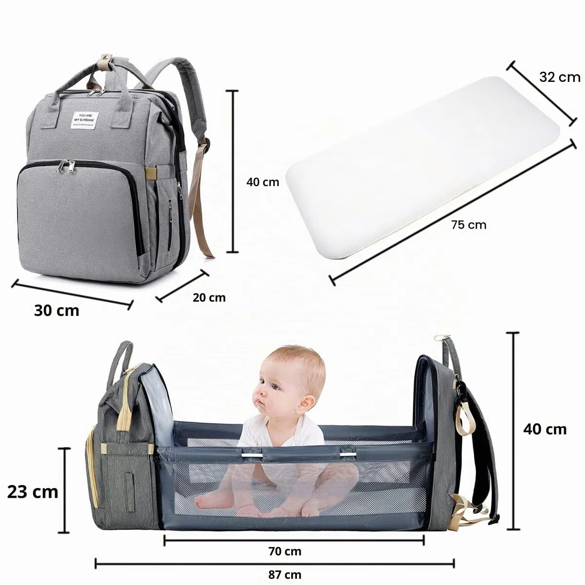 Mochila para Pañales Plegable,Bolsa de Cambio de Pañales Portátil,mochila para bolsa de bebé,Bolsa de Pañales Convertible,Gran Capacidad, Impermeable,para Bebépara cochecito (Gris)
