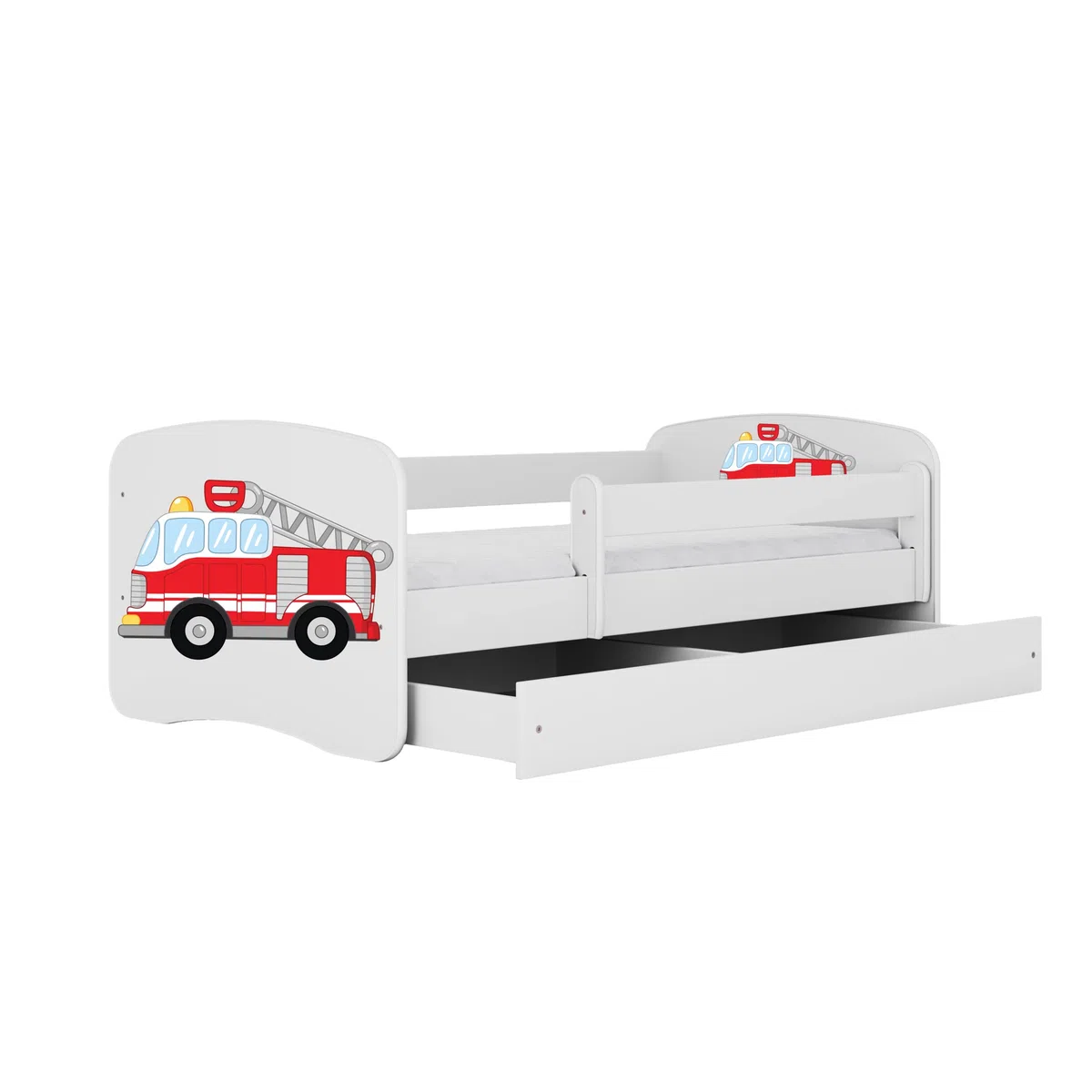 Cama Infantil 80x180 Cama para Niños Blanca con Barrera de protección contra caídas. cajones extraíbles y Base de Listones para niñas y niños - 80 x 180 cm Bomberos