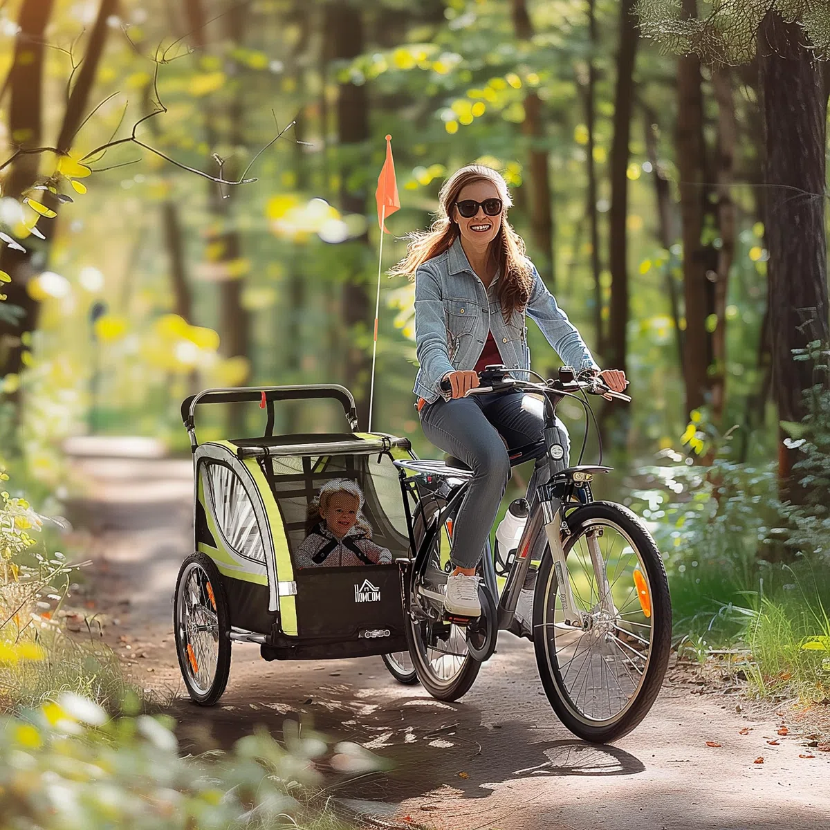 HOMCOM Remolque de Bicicleta para Niños y Silla de Paseo, Diseño 2 en 1 con Freno, Cinturón de 5 Puntos, Carrito Remolque para Bicicleta con Bolsillos Laterales, Catadióptricos y Banderita, Amarillo