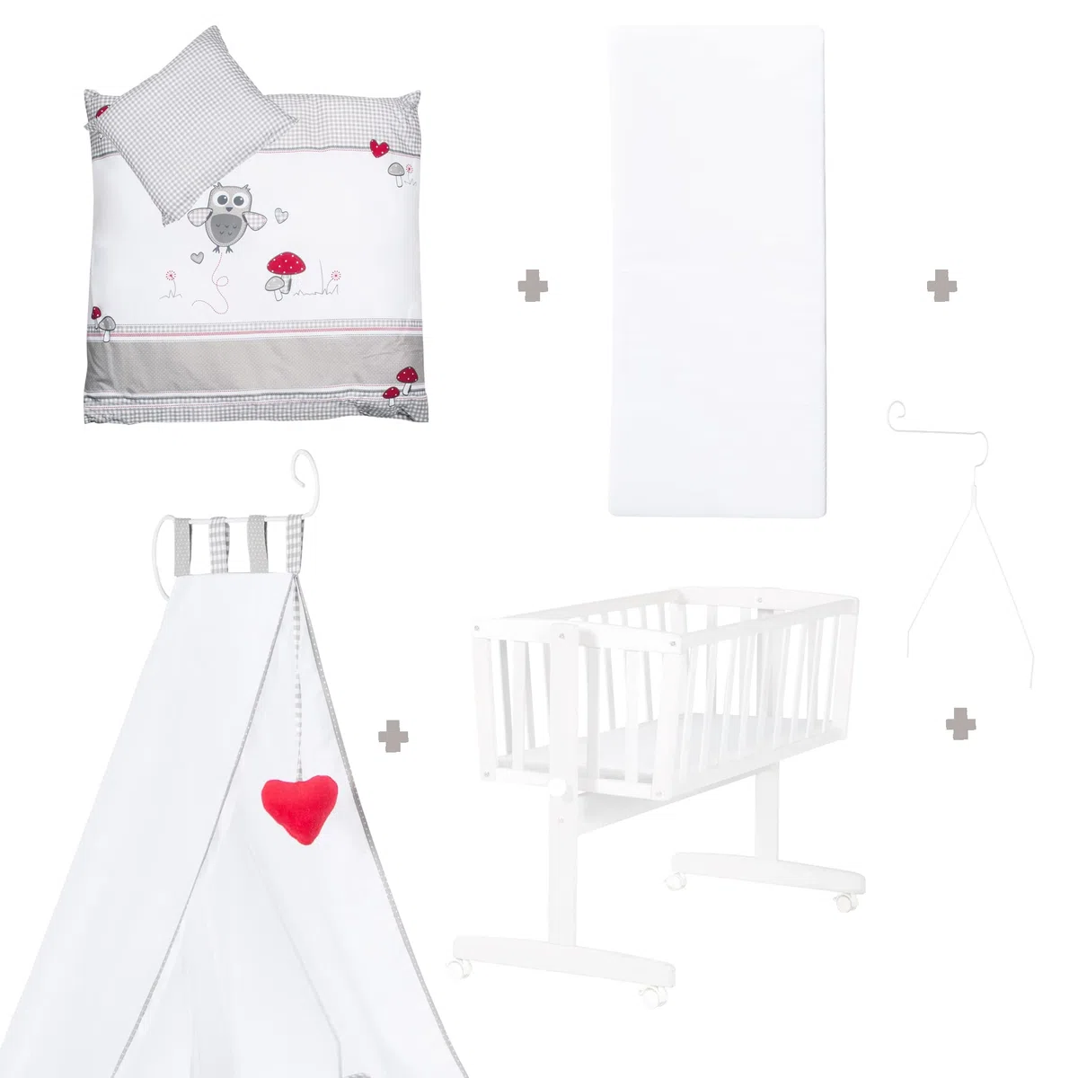 roba Cuna Balancin Bebe 40 x 90 cm Adam y Eule - con Función Basculante y Fija - Equipamiento Textil Incluido - Madera Lacada en Blanco - Diseño de Búhos