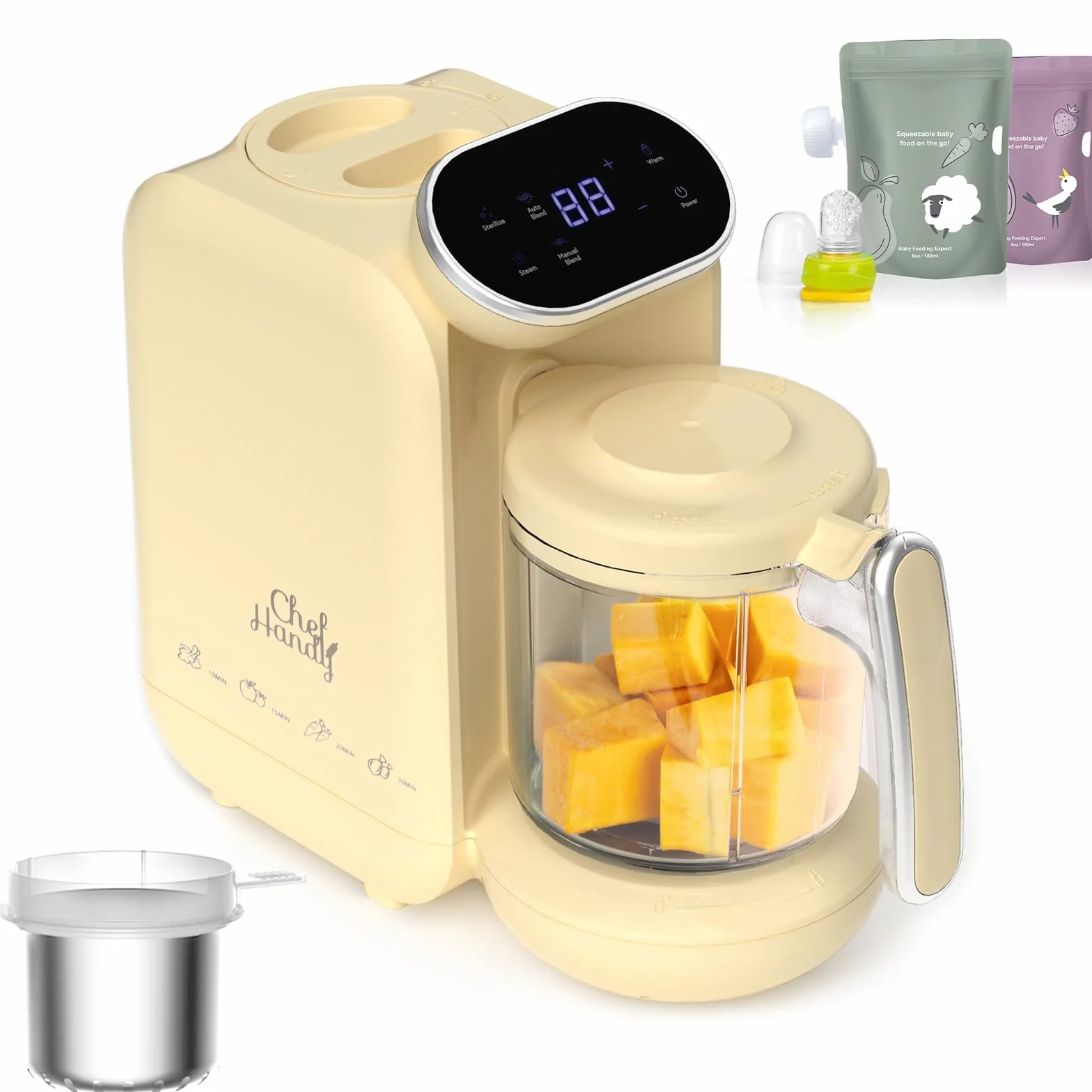 Procesador de alimentos para bebé 5 en 1, Multifuncional con Control Inteligente, Vaporera y Molinillo, Auto-Cocción y Molienda, Calentador de Comida para Bebés - Máquina de Molinos Amarillo