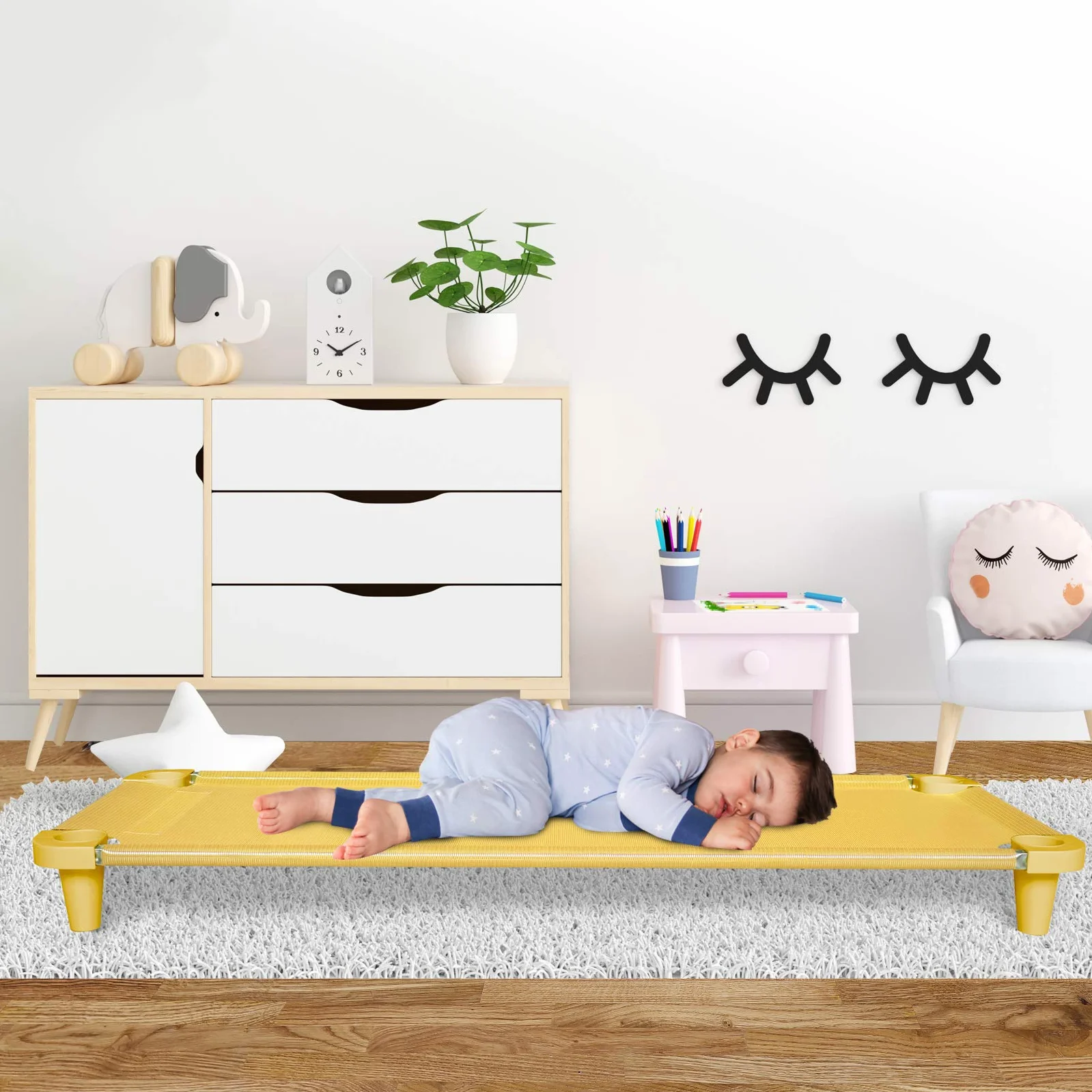 Acrimet Cuna para Niños, Cama Portátil para Niños Pequeños, Apilable, 52 Pulgadas de Largo (Tubos de Acero Inoxidable) (Tela de Malla Transpirable Amarillo - Patas Amarillo) (1 Paquete)