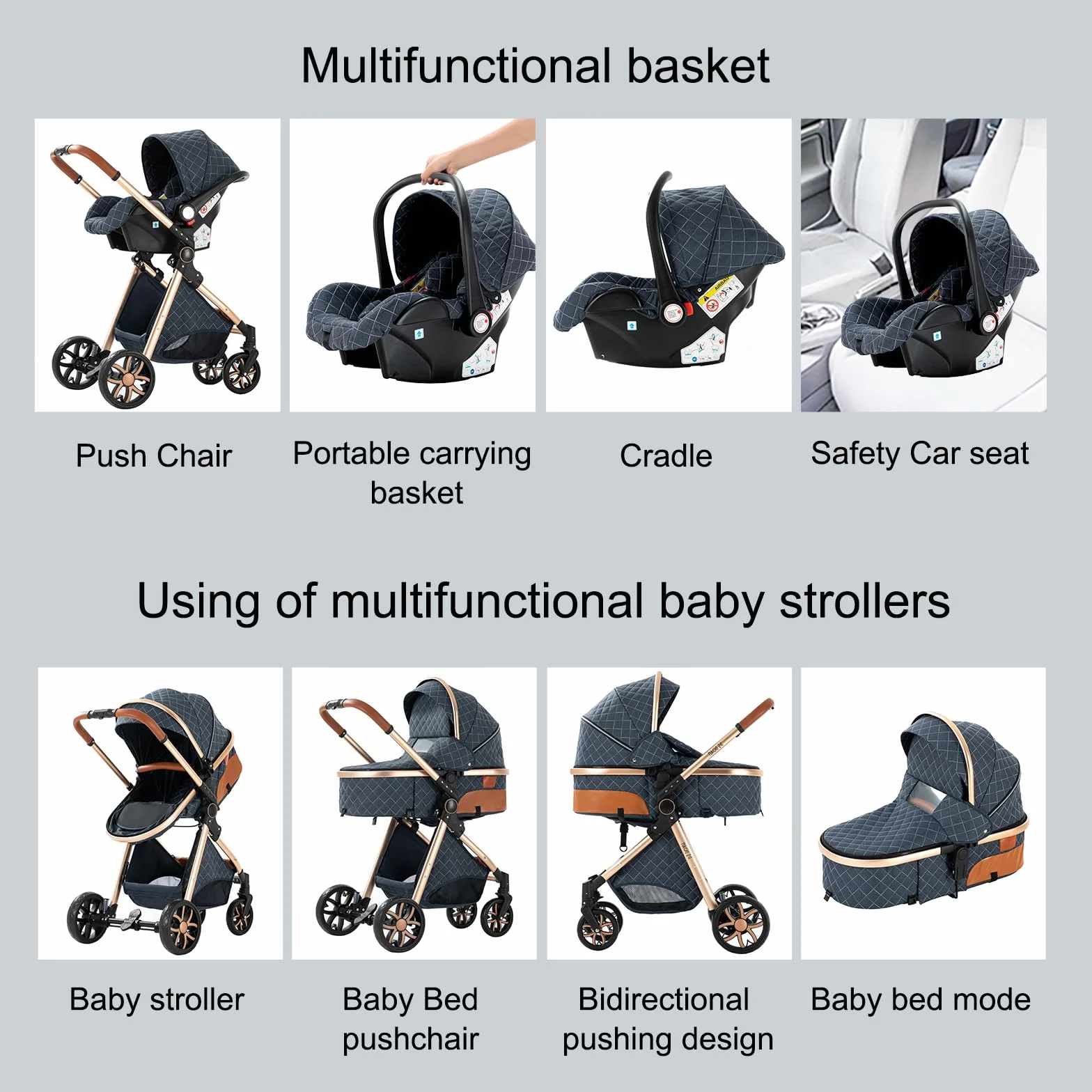 Carrito Bebe 3 en 1, Carrito Bebe con Empuje Reversible de Dos Vías, Carro 3 Piezas con Estructura de Aleación Aluminio, Cochecito Tres Piezas Para Recién Nacidos (225 Khaki-1)