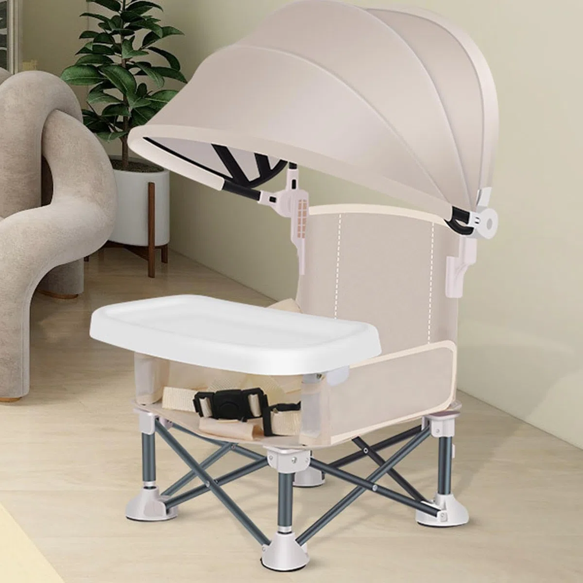 Trona Para Bebé Plegable Con Asiento Elevador, Silla Portátil de Playa Con Bandeja Extraíble y Sombrilla Para Alimentación y Viaje