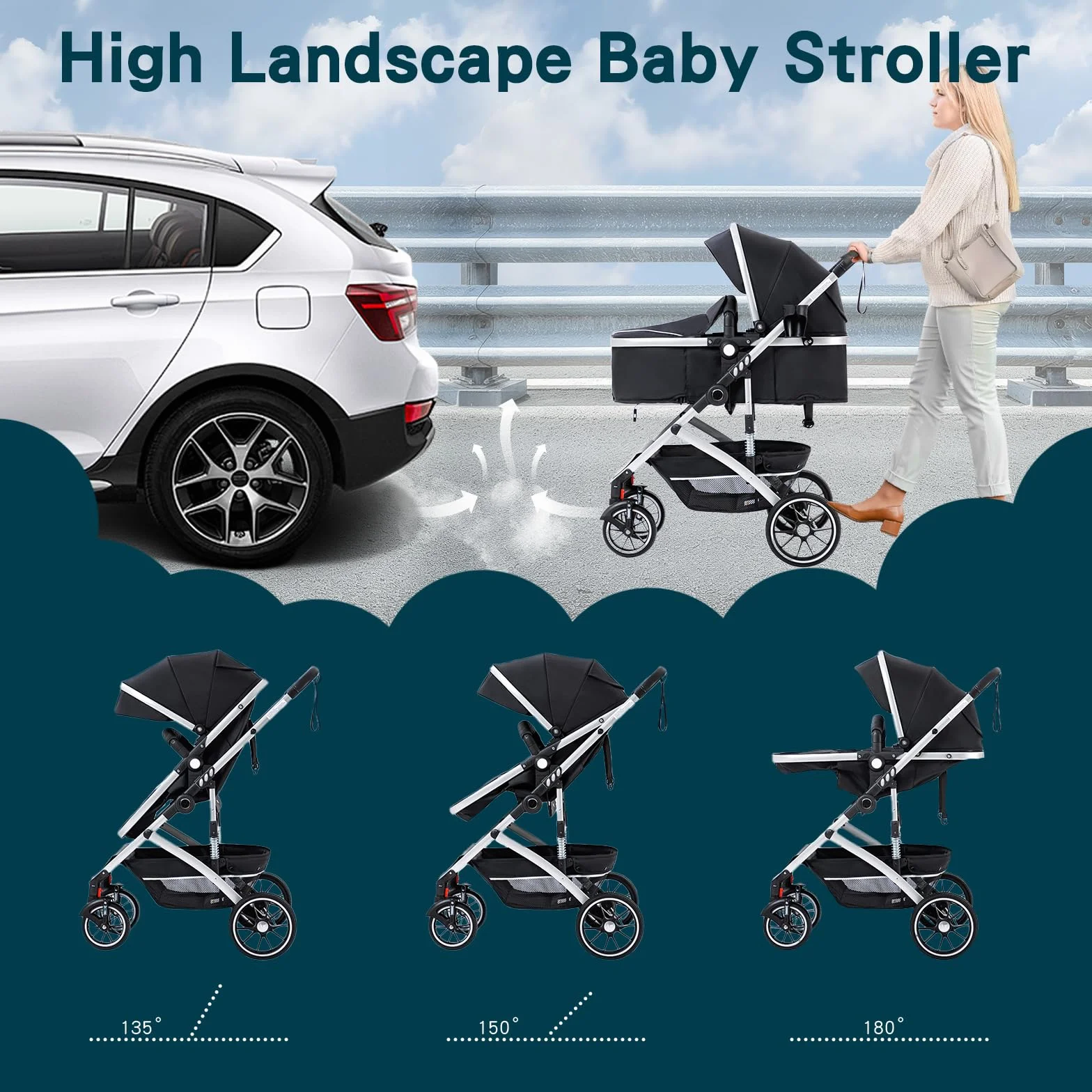 3 en 1 Cochecito de Bebé, Sistema de Viaje, Carrito Bebé Plegable con Un Solo Clic, Silla de Paseo, Capazo y Asiento de Cochecito con Mosquitera, Silla de Coche Alto para Recién Nacido 0-4Años