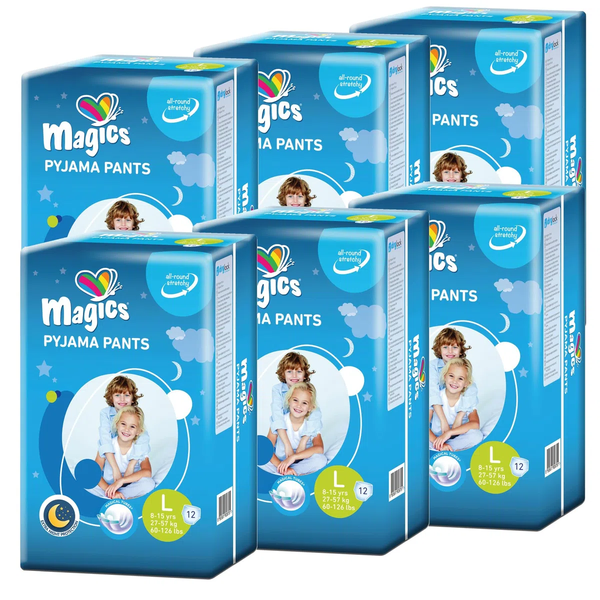 Magics Pyjama Pants - 24x Pañales para Niño 8-15 Años - Talla L (27-57 kg) - 72 Pañal por Durante la Noche con Protección Anti-Fugas, 6 Paquetes de 12